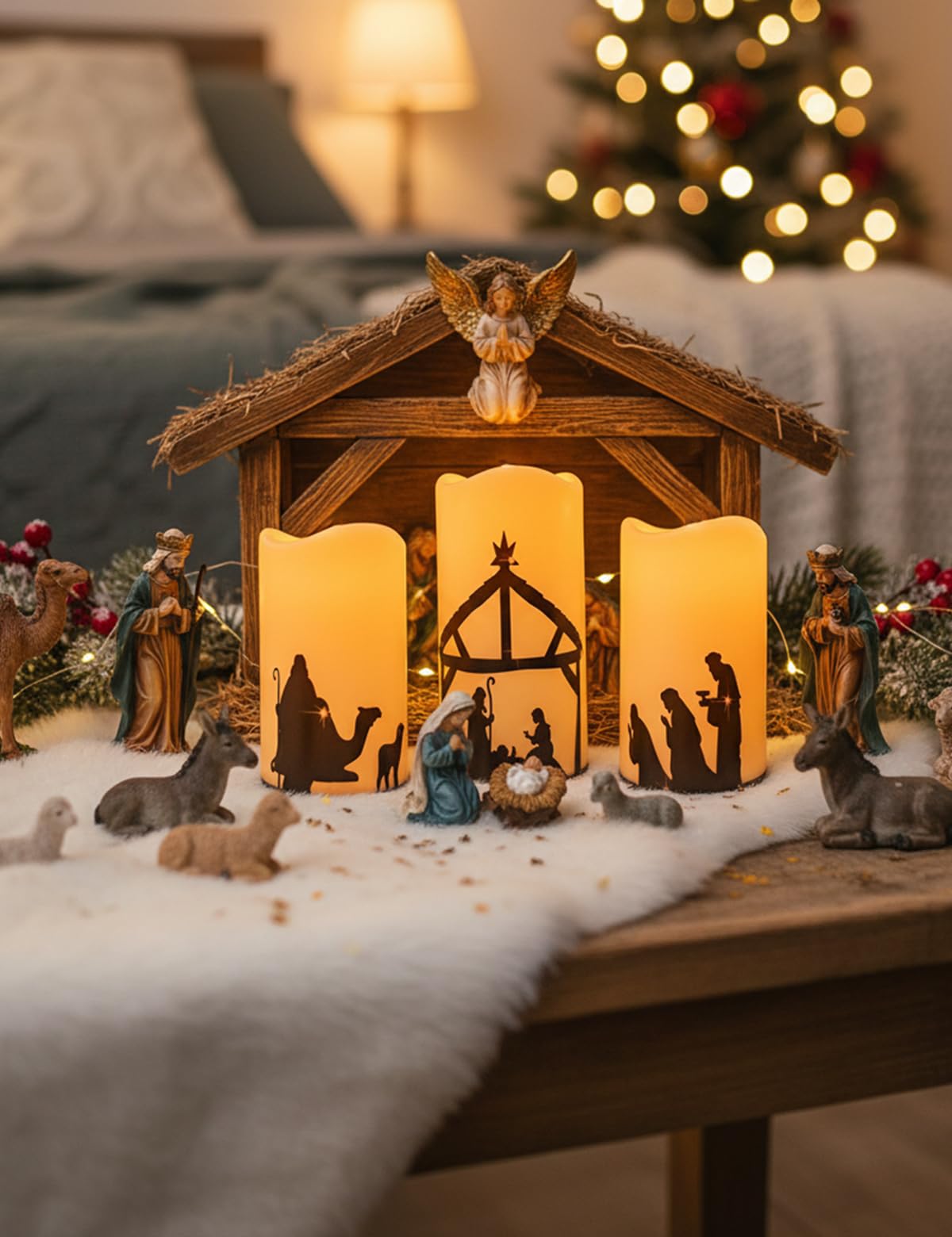 Glflickerow 3 Pcs Christmas Nativity Scene Candles with Timer Remote Battery Operated Led Pillar Religion Flameless Candles for Xmas Holiday Home Decor