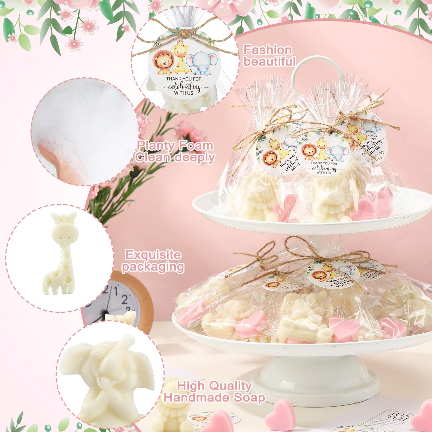 Demissle 20 Sets Safari Animal Baby Shower Soaps Favors for Guests Jungle Greeting Card Bath Gift for Birthday (Pink)