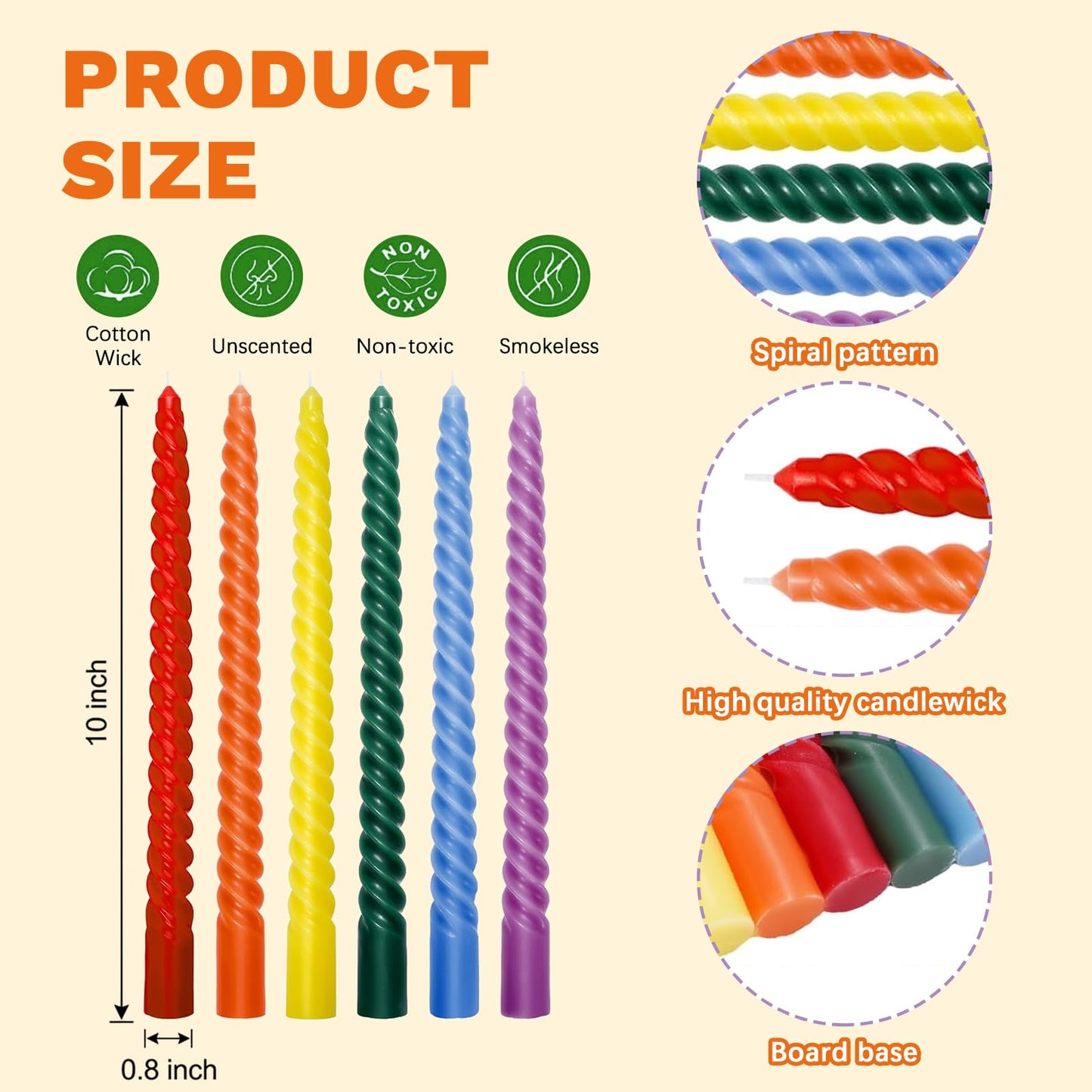 Whaline 12Pcs 10 Inch Rainbow Spiral Taper Candles 6 Colors Dripless Twisted Wax Candles Long Unscented Candle Sticks for Pride Events Wedding Displays Home Dining Table Supplies