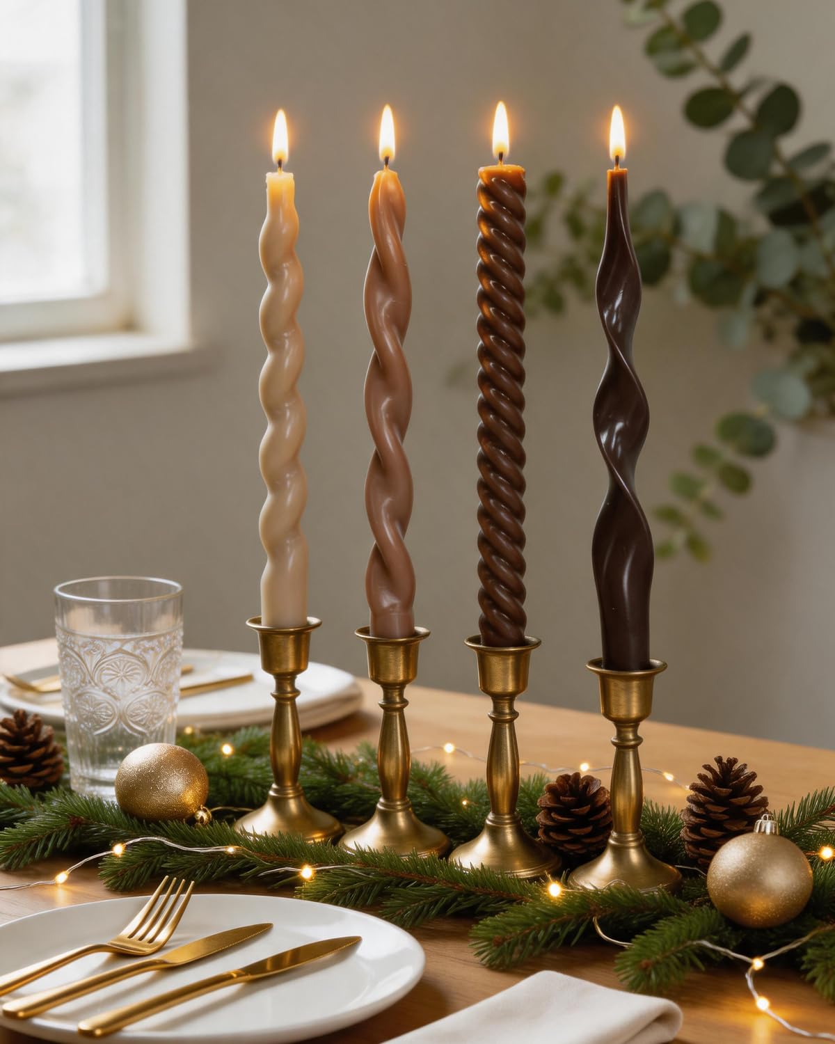 Brown Taper Candle Stick Spiral Taper Candle for Wedding Party Fall Decoration Home Dinner Decoration Unscented Candles,10inch,4 Pack