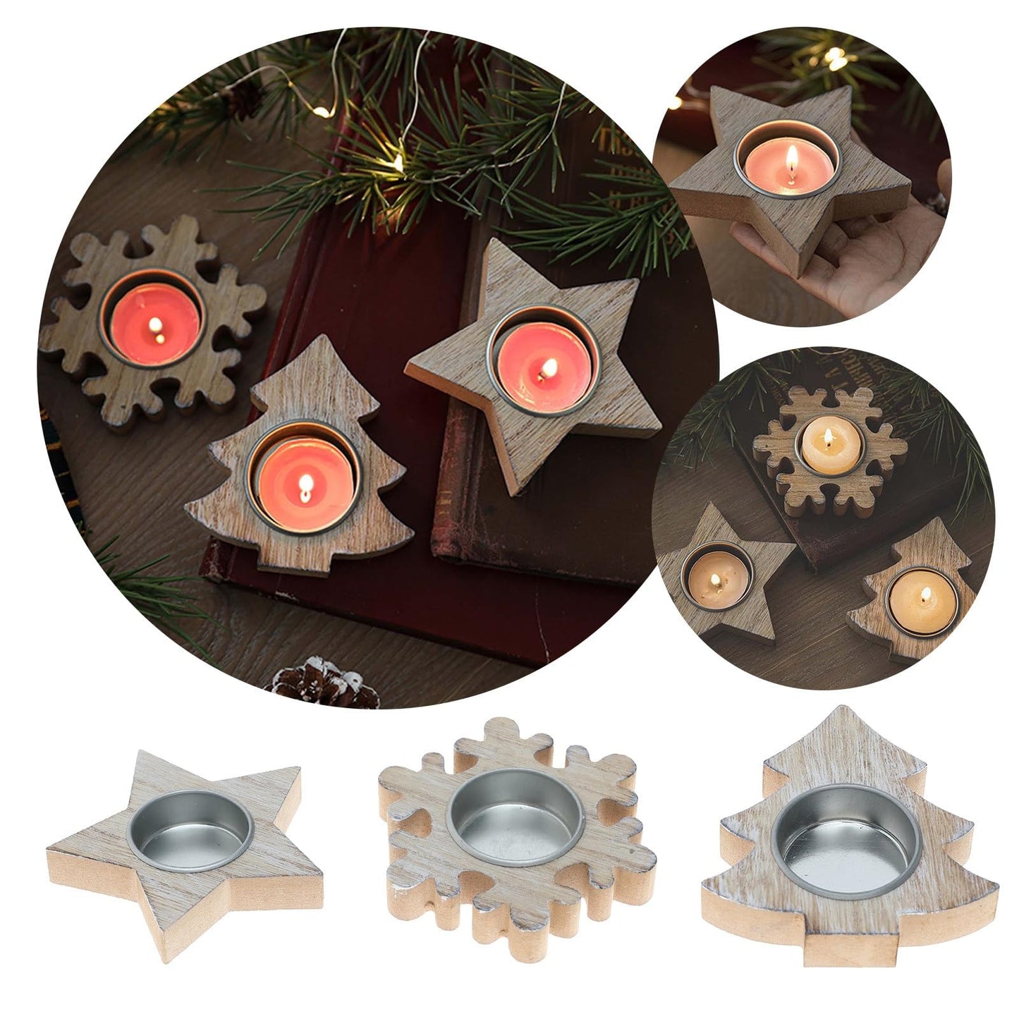 Candlestick Holders Christmas Wooden Snowflake Candlestick Christmas Tree Candlestick Five Pointed Star Candlestick Window Desktop Decoration Scene Candle Holders (Color : B)