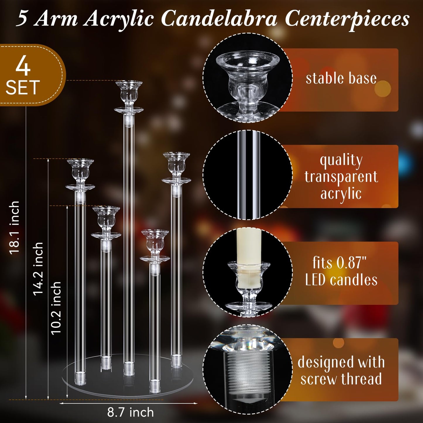 Layhit 4 Sets Acrylic Candelabra Candle Holder 5 Arm Wedding Table Centerpiece 18.1" Tall Acrylic Clear Candle Holder with Base Candlesticks Decoration for Father Day Graduation Party, Fit 0.87'' Led