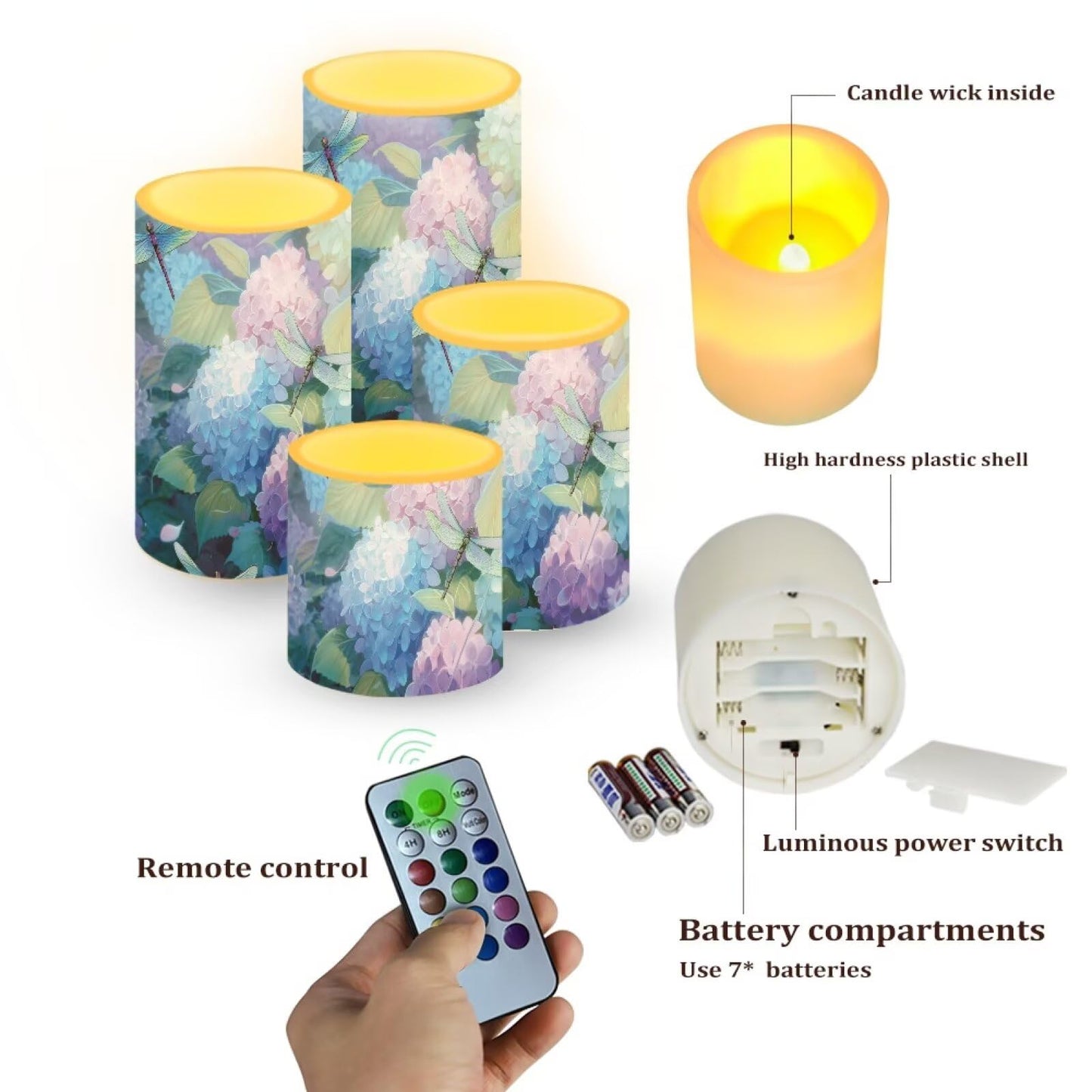 Cozeyat Hydrangea Flameless Candles 4 Pack Battery Powered LED Pillar Candles with Remote Timer Color Changing for Wedding Birthday Indoor Outdoor