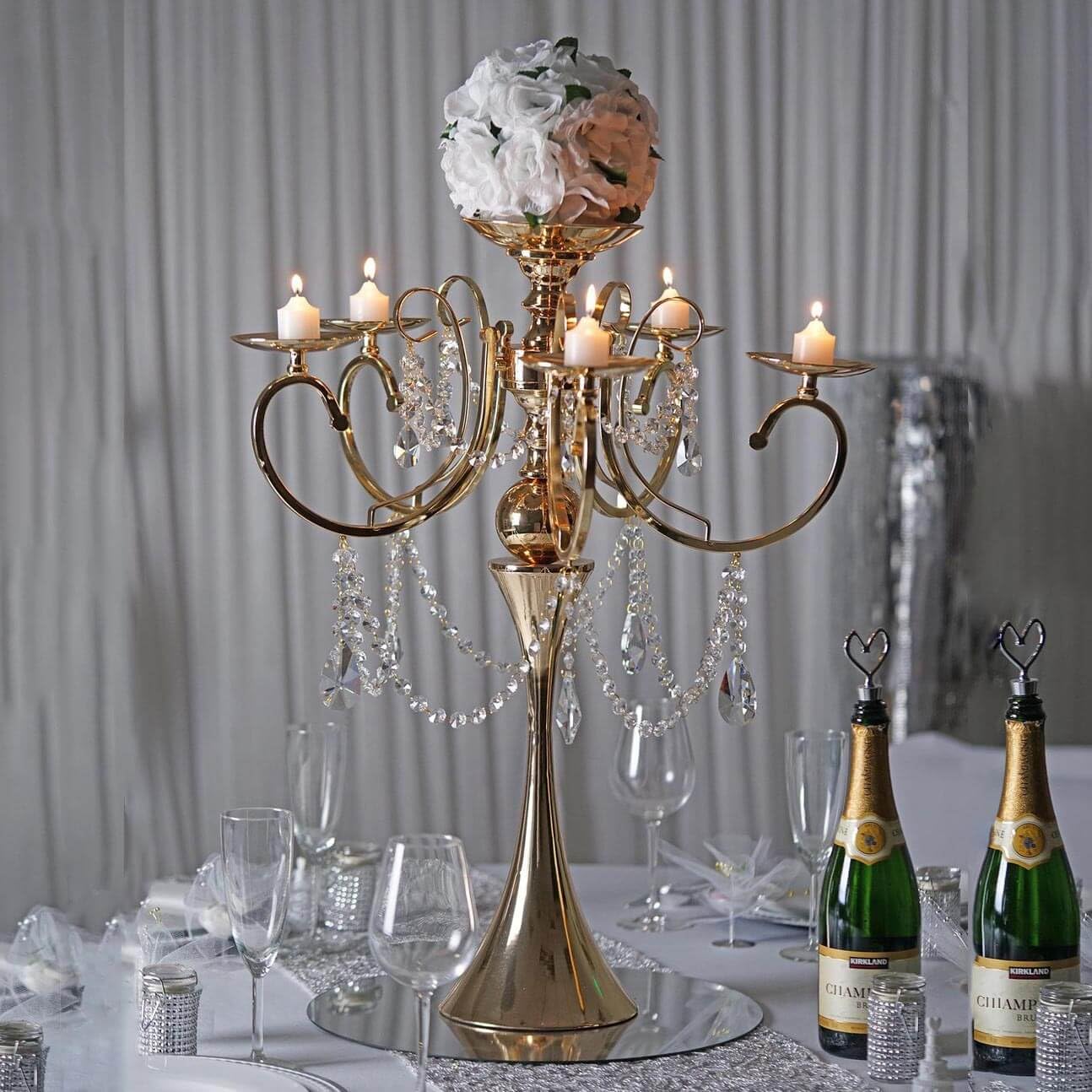 Efavormart 27" Gold Metal 5 Arm Candelabra Votive Candle Holder with Hanging Crystal Drops
