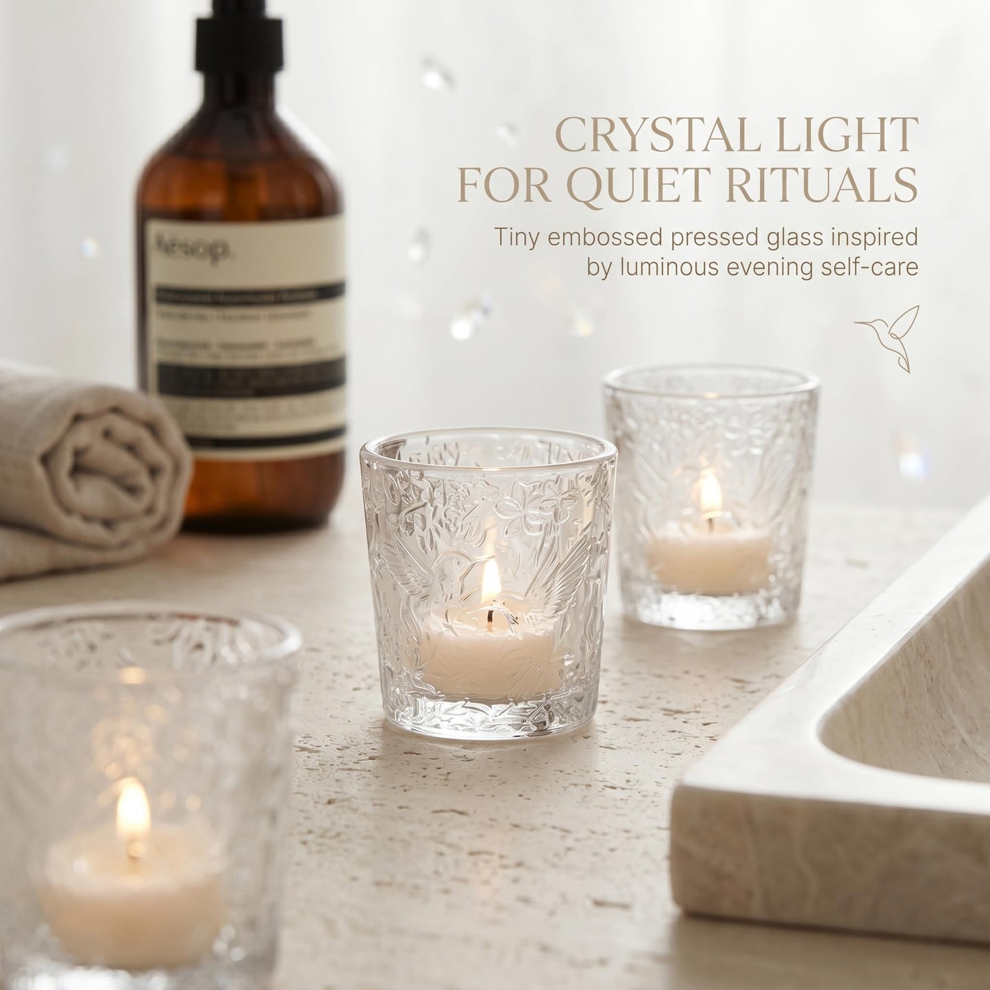 12 Pack Hummingbird Embossed Glass Candle Holders – Votive Tealight Holders with Patent Design, Decorative Embossed Glass Cups for Wedding Centerpieces, Parties, and Home Décor (Crystal Clear)