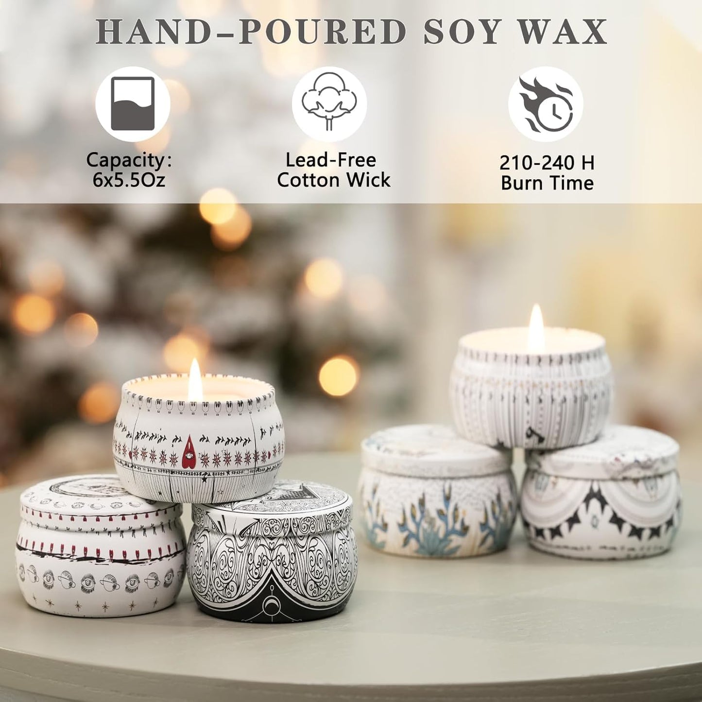 Candle Set for Women Gift, Scented Candles, 6 Pack Large Natural Soy Wax Candles in Tins, Stress Relief Gifts for Women, Aromatherapy Candle, 5.7oz Each, 30-35 Hr Burn, Ideal Gifts for Mom Birthday