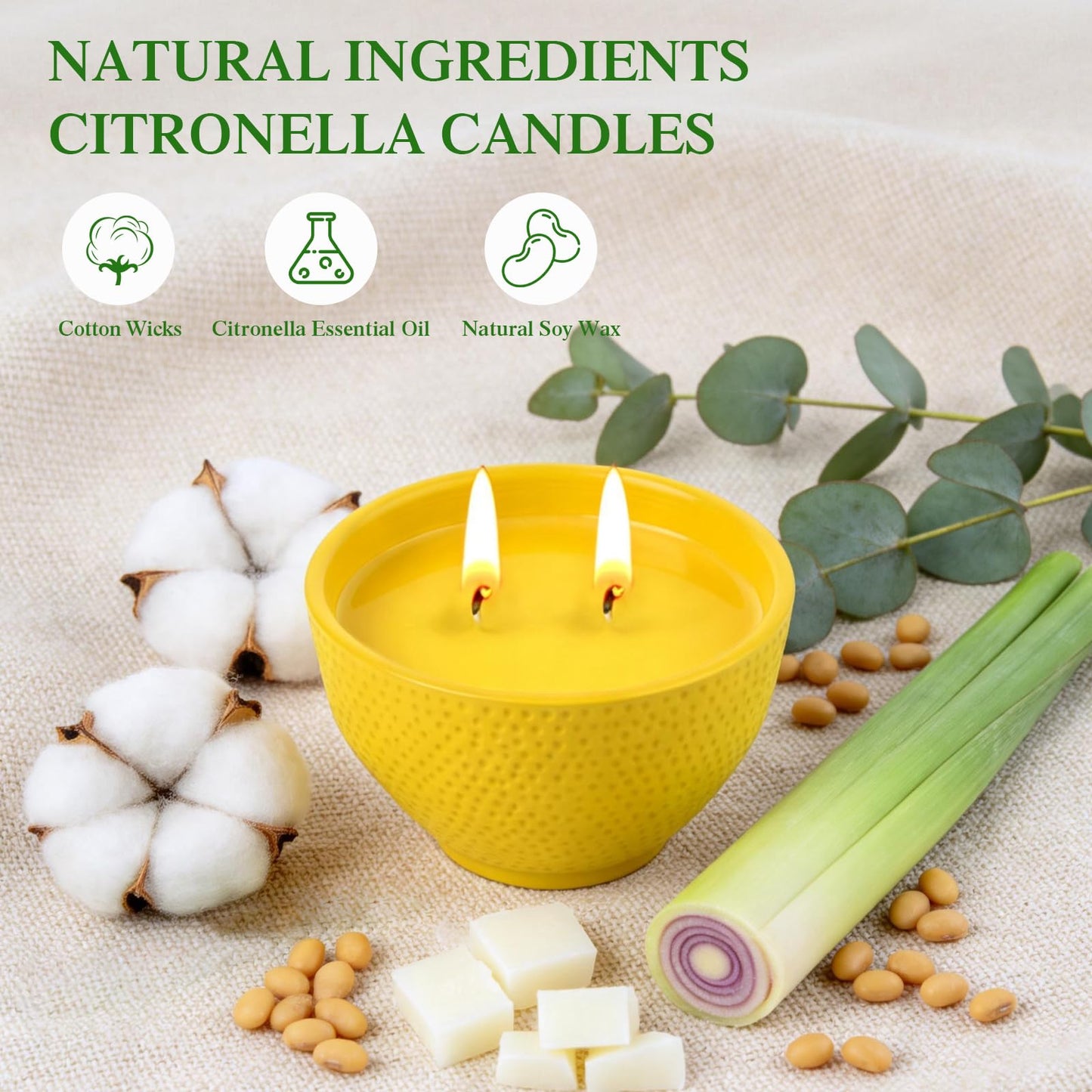 Citronella Candles Outdoor, Natural Soy Wax Candles for Patio, 3 Packs 90 Hours Long Burning Citronella Scented Candle Set for Home, Garden, Yard, Outdoor, Camping, Party, Indoor, 4.23oz Each, 2-Wick