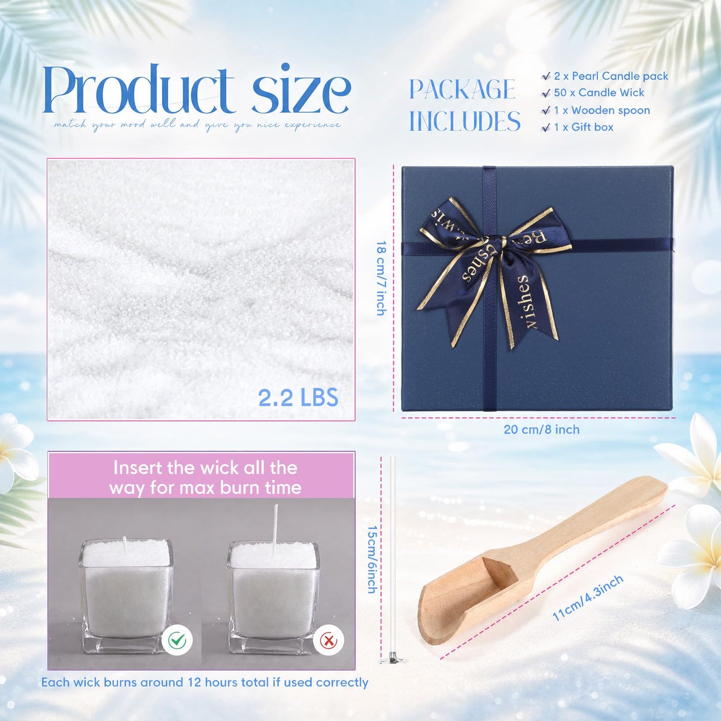 MTLEE Pearled Candle 2.2 Lb/35oz Hawaiian Flavor Scented Sand Candle Kit Include 50 Wicks, Bow Gift Box, Spoon Reusable Pearled Wax, Gifts for Women Girls Teacher Birthday DIY Home Kit