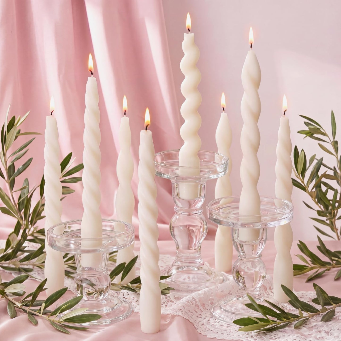 Nuanchu 12 Pcs 7.5 Inch Elegant White Spiral Taper Candles Twisted Pure Wax Candlesticks Short Ivory Spiral Wax Scented Taper Candles for Wedding Bridal Shower Birthday Summer Dinner Table Centerpiece