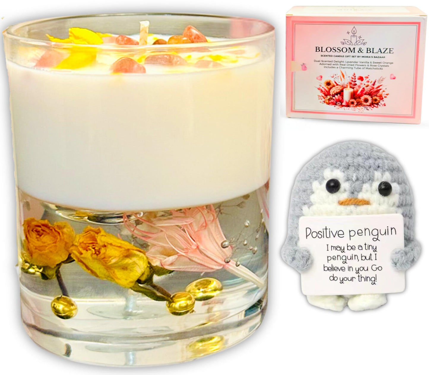 Moira's Bazaar Dual Scented 11 oz Candle, 50+ Hours Burn, Fall Scented - Lavender Vanilla & Sweet Orange, Hand Crafted Aromatherapy,Soy,Jelly,Dried Flowers,Positive Penguin, Gift for Women