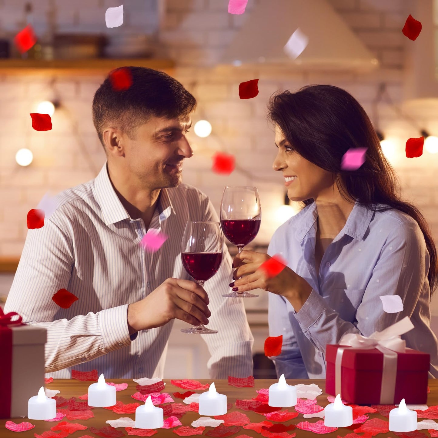 Coume 6000 Pieces Artificial Rose Petal 72 Pieces LED Tealights Candle, Romantic Decorations Special Night Rose Petal Heart Candle for Valentines Wedding Anniversary Proposal Decor(White Light)