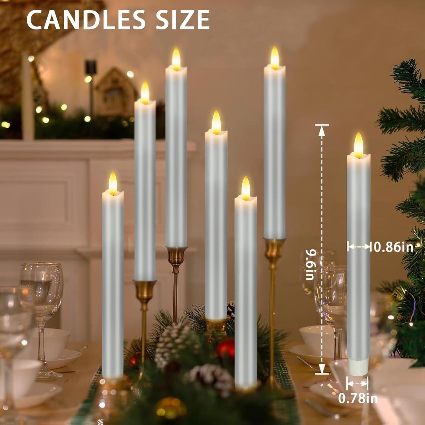 KSWING Upgraded Real Wax LED Flameless Grey Taper Candles with Remote, 6 PCS Candlesticks Battery Operated 3D Flickering - 9.6" Long Realistic Fake Candle Sticks for Home/Wedding/Fireplace Xmas Decor