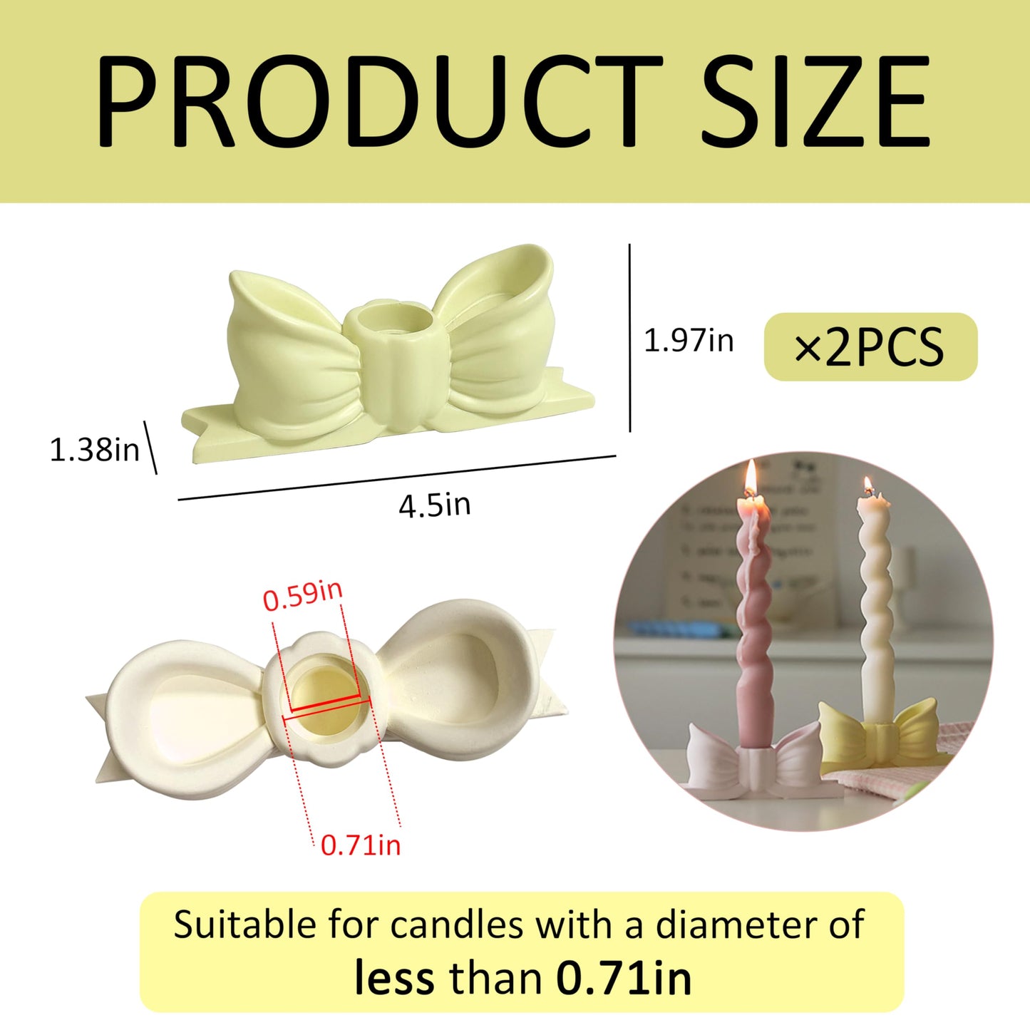 Candle Holder Set of 2, Yellow Bow Candlestick Holders Fit 0.59 Inch Candles, Gypsum Candelabra Decorative Candle Stand Centerpiece for Table Wedding Dinning Party