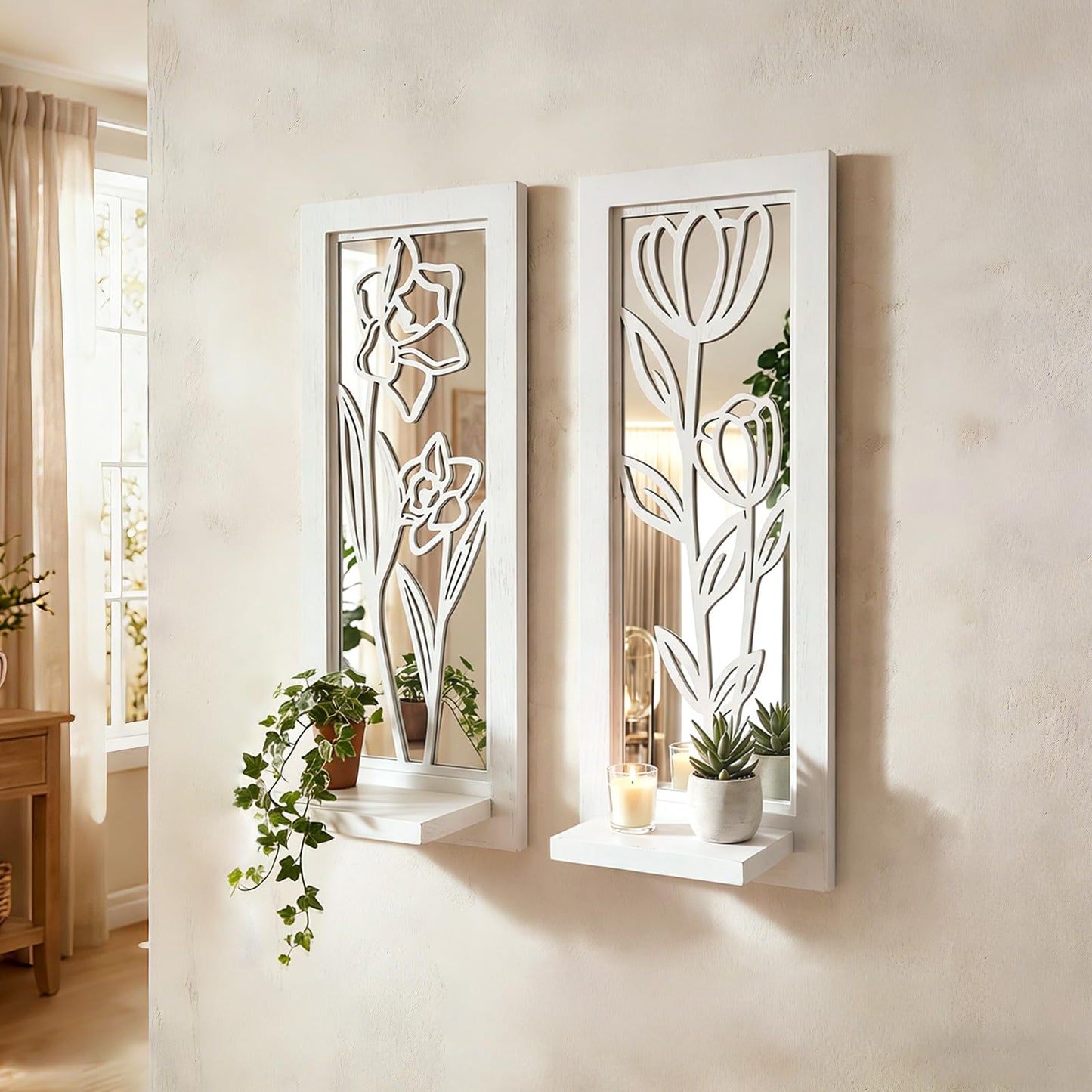 ZEXUIRU 2 Set Rustic Candle Sconces Living Room Bedroom Entryway Wood Mirrored, Farmhouse, Carved Frame Wall-Mount Wooden Candle Holders Wall Decor Hanging Handmade Holder - Distressed White
