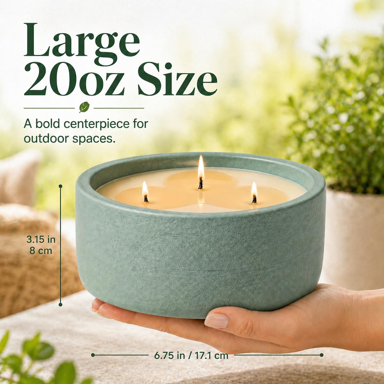 Large 20oz Scented Candle - Citrus & Mint, 3 Wick Non Toxic Soy Candles Indoor, Green Decorative Ceramic Jar Candle for Women, Men, Patio, Home, Bedroom, Bathroom, Living Room