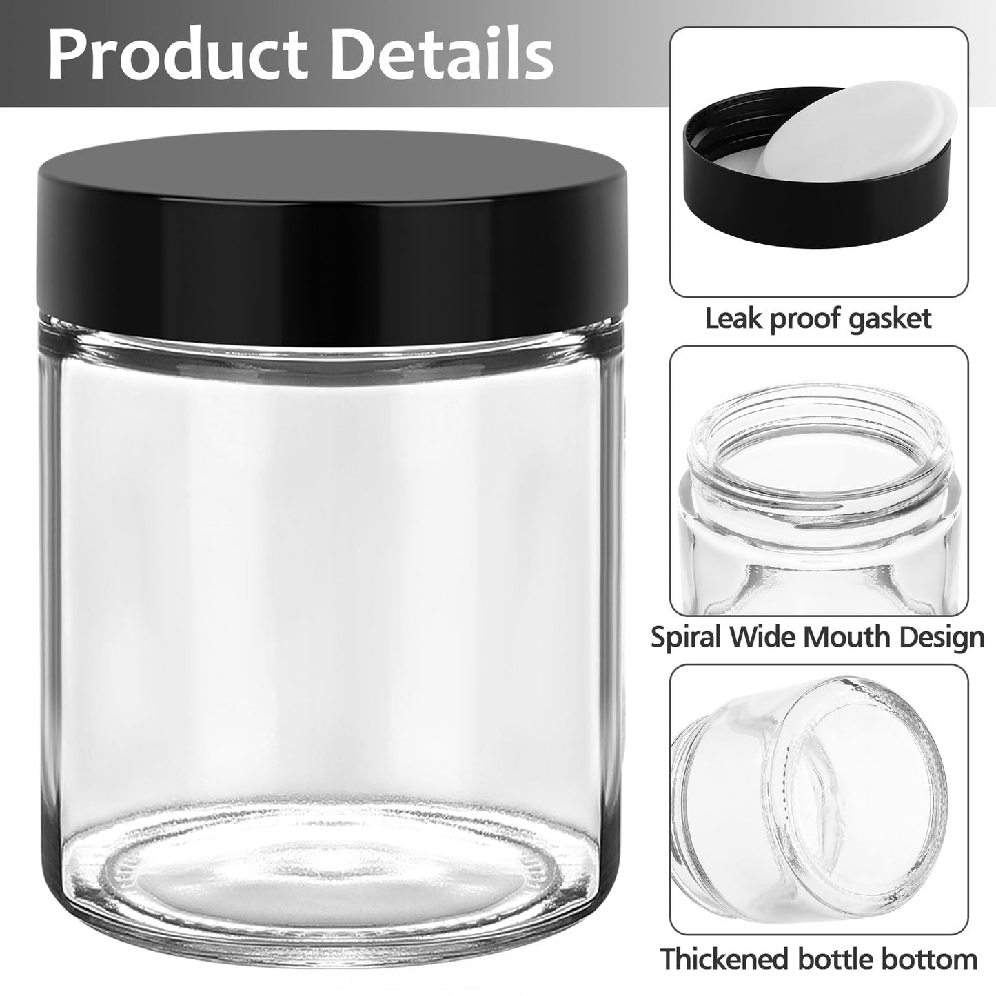 Accmor 8 oz Glass Jars with Black Lids, 2 Pack Glass Jars with Inner Liners, 250g Wide Mouth Makeup Sample Container, Leakproof Round Airtight Cosmetic Containers for Lotions, Creams, Candle Making