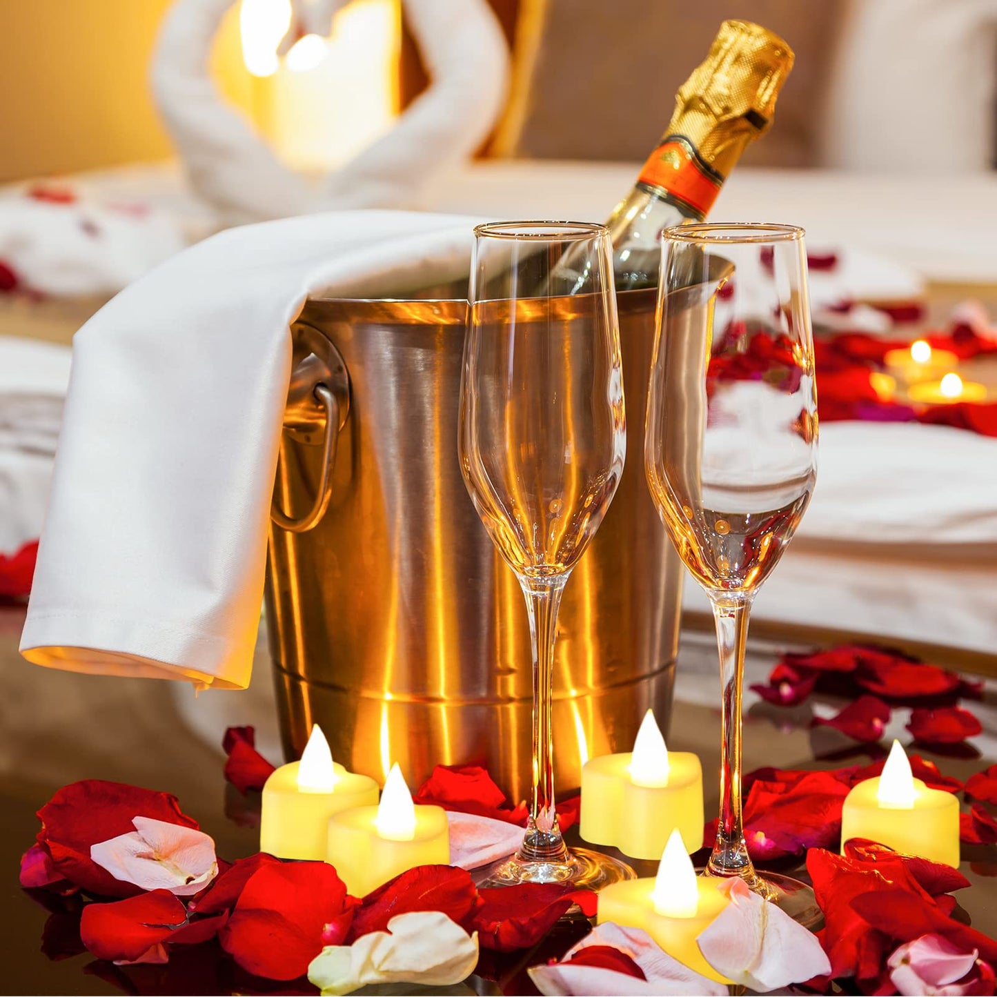 Coume 120 Pcs Romantic LED Heart-Shaped Candles with 6000 Rose Petals Set, Perfect for Weddings, Anniversaries, Home Decor, Date, Valentine’s Day, Battery-Operated, Reusable (Warm White Light)