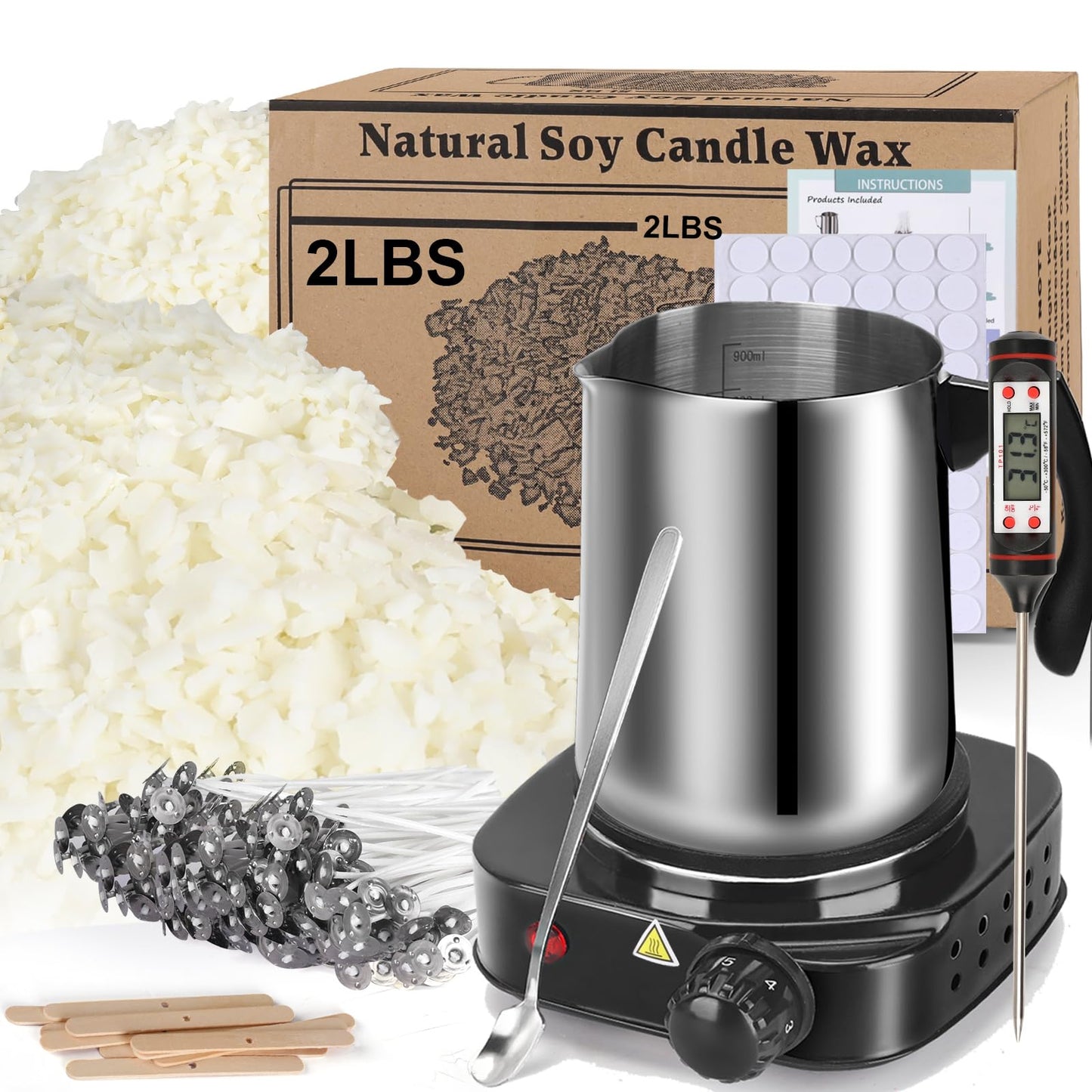 Soy Wax Candle Making Kit Supplies With Wax Melter, Natural Candle Wax For Candle Making, DIY Art&Crafts Kit for Adults,Beginner, Including 2lbs Soy Wax Flakes, Electric Stove,CandleWick,Melting Pot