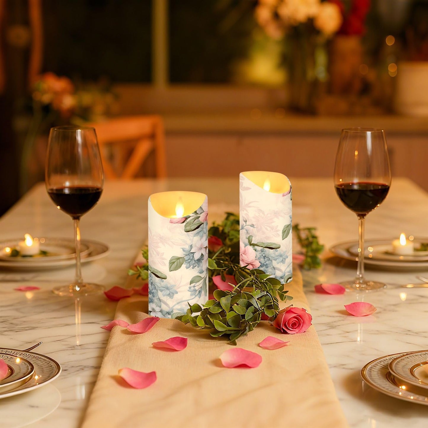 ALAZA Pink Flowers Flora Flickering Flameless Candles Battery Operated with Remote Timer,Tea Light Candles LED Pillar Votive Set of 2 for Outdoor Indoor Decorations 3" x3.9"