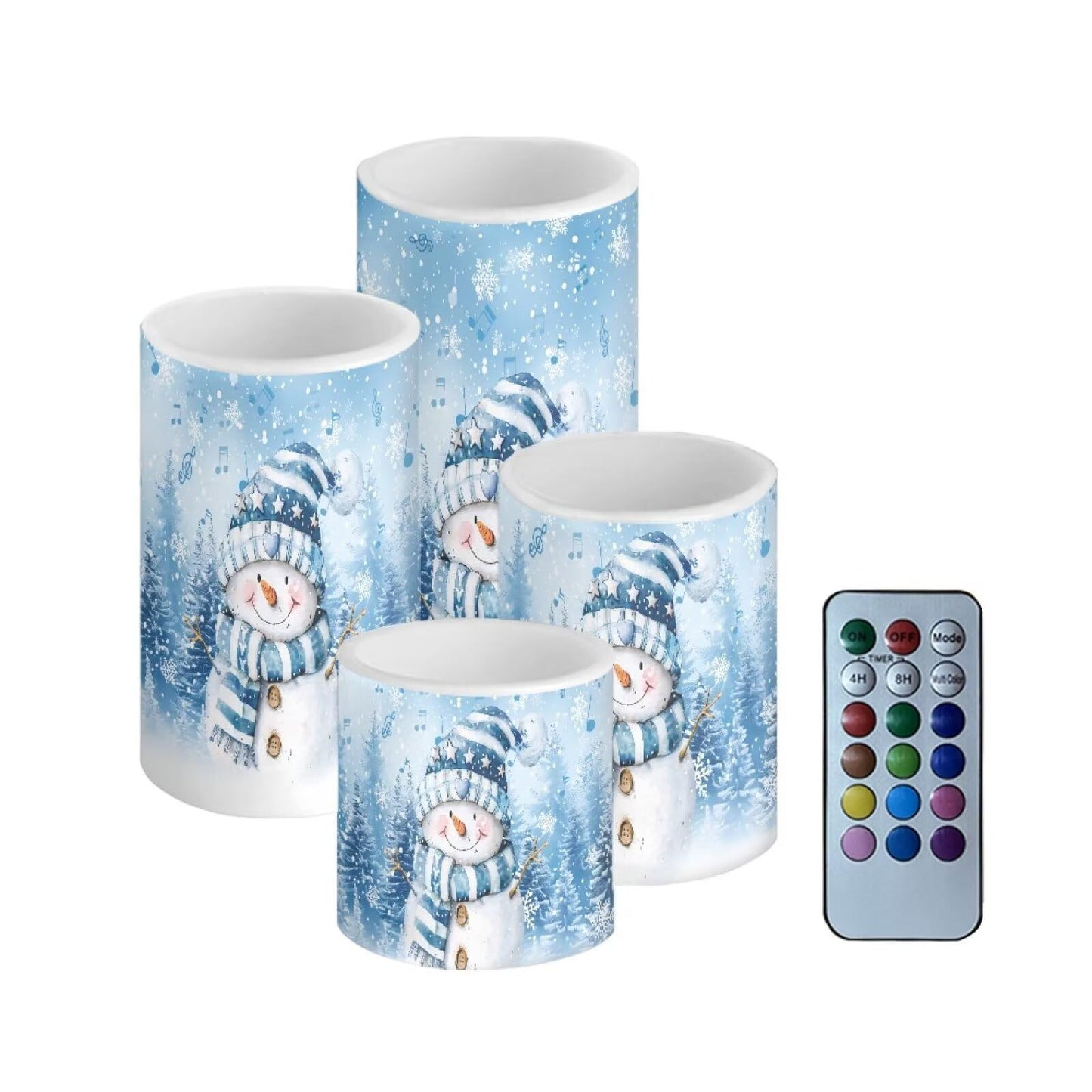 NETILGEN Christmas Holiday Decorative Flameless Candles with Battery Powered Multicolor Lights Timer Remote Control Candles Set of 4 Blue Snowman