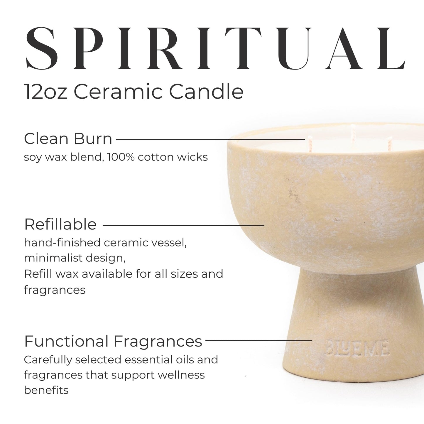 Blueme Spiritual Candle | Palo Santo & Vetiver | 3 Wick - Refillable Wellness Candle with Essential Oils, Hand Finished & Poured Soy Wax Blend Ceramic Vessel, Natural Cotton Wicks | Medium 12 oz