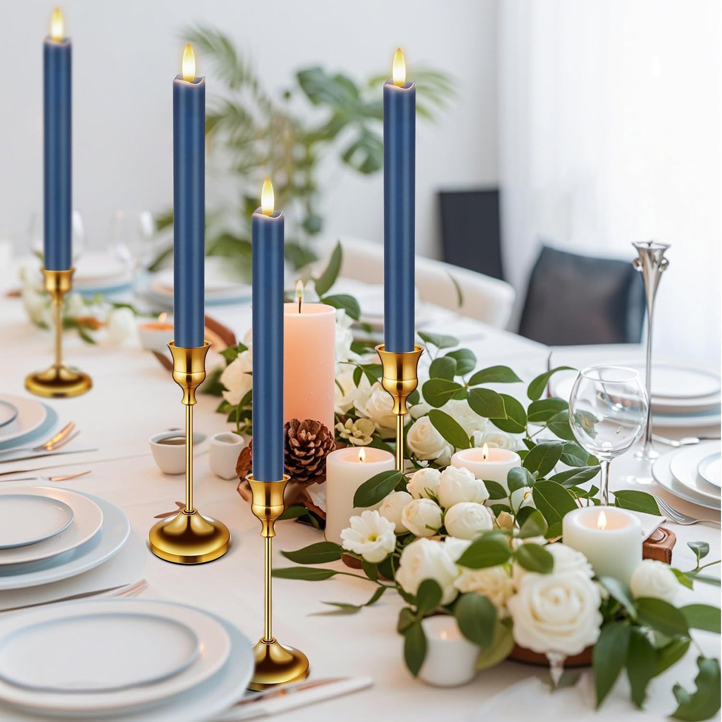 KSWING Upgraded Real Wax LED Flameless Navy Blue Taper Candles with Remote, 6 PCS Candlesticks Battery Operated 3D Flickering - 9.6" Long Realistic Fake Candle Sticks for Home/Wedding/Xmas Deco