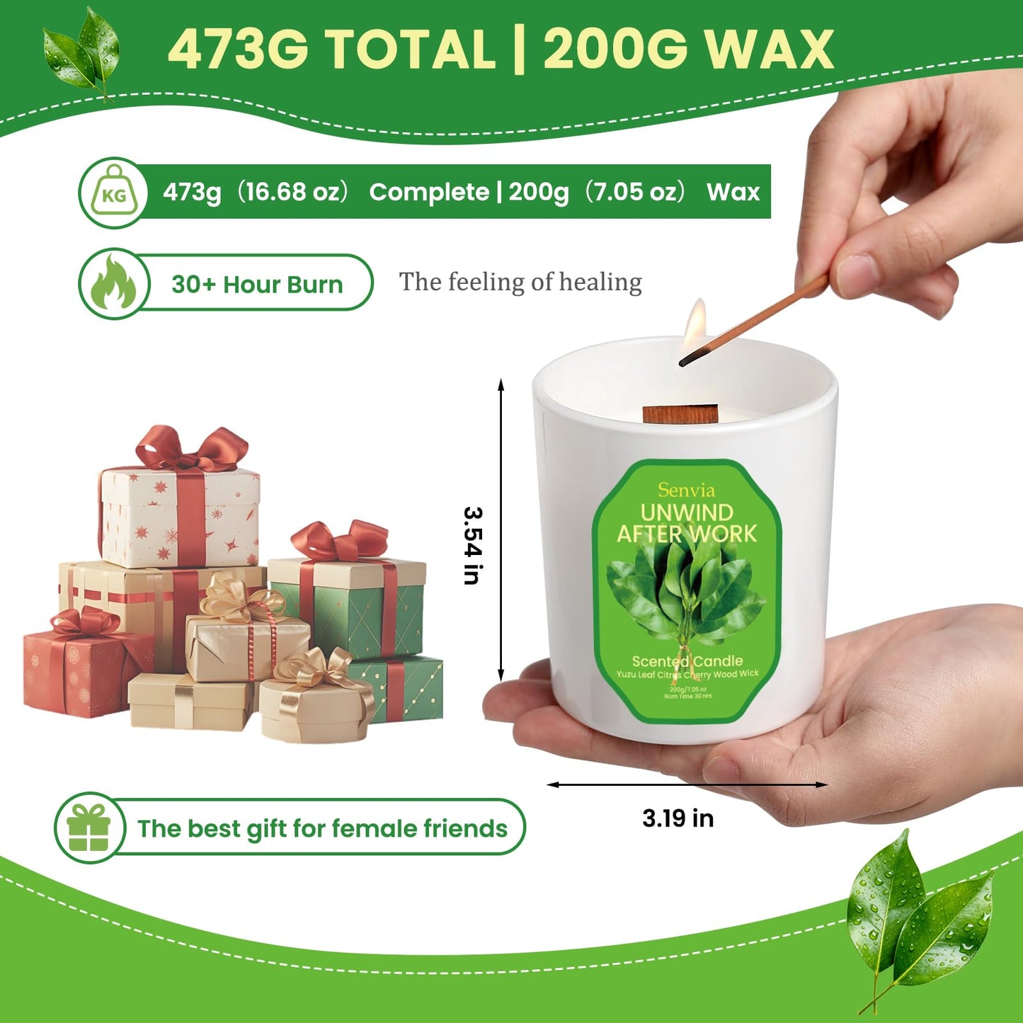 Senvia Crackling Wood Wick Candle - Yuzu Citrus Scented, Non Toxic, Clean Burn for Home Office, Long Lasting Strong Scent for Small to Medium Rooms, Stress Relief, Lead-Free