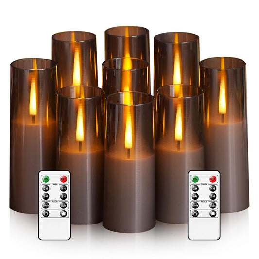 Sasigeiaa Flickering Flameless Candles,Battery Operated, Flameless Candles with Remote, 2/4/6/8 Hour Timer, Realistic Jumping Flame Effect, Perfect for Home Decor, Holiday Decoration Pcs 9 (Grey)