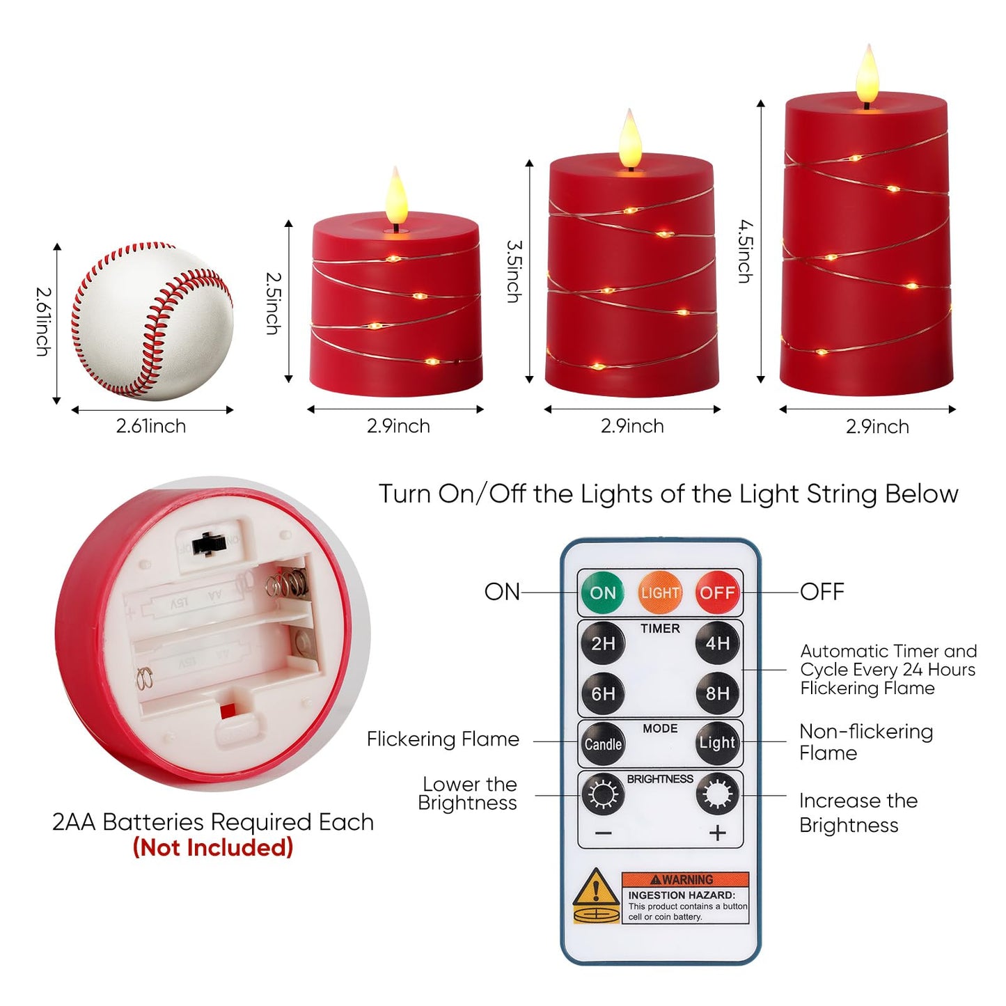 Raycare Independence Day Flameless Candles with Remote Timer, Flickering Battery Operated LED Pillar Fake Candle with String Lights for 4th of July Patriotic Home Decor, Wedding Gift, Red, Set of 3