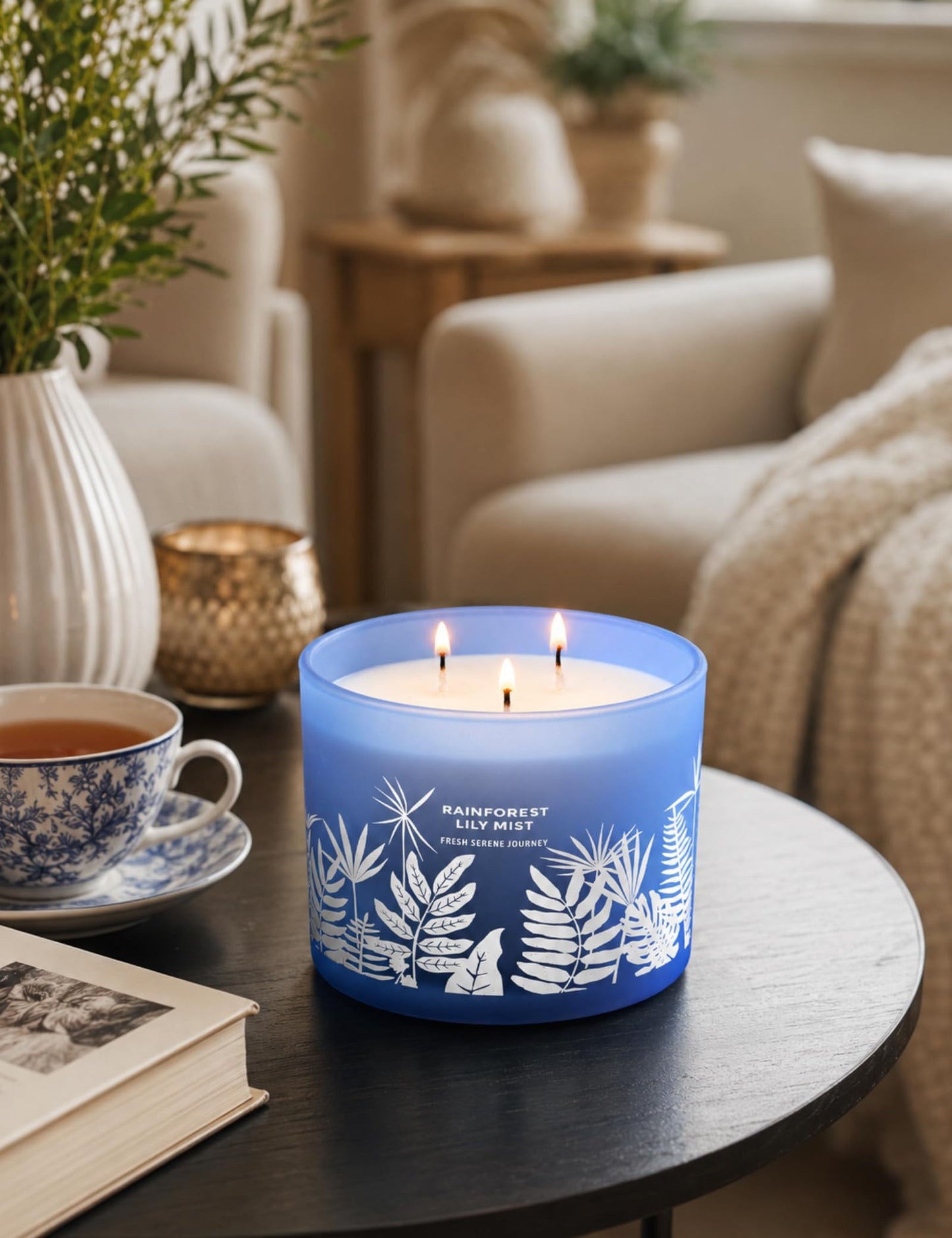 Large 3 Wick Scented Soy Candle for Home | Rainforest Lily Mist | 14.5oz Aromatherapy Spa Candle | Fresh Rain, Lily of the Valley, Jasmine & Cedarwood | Clean Burn Long Lasting | Gift for Women & Men