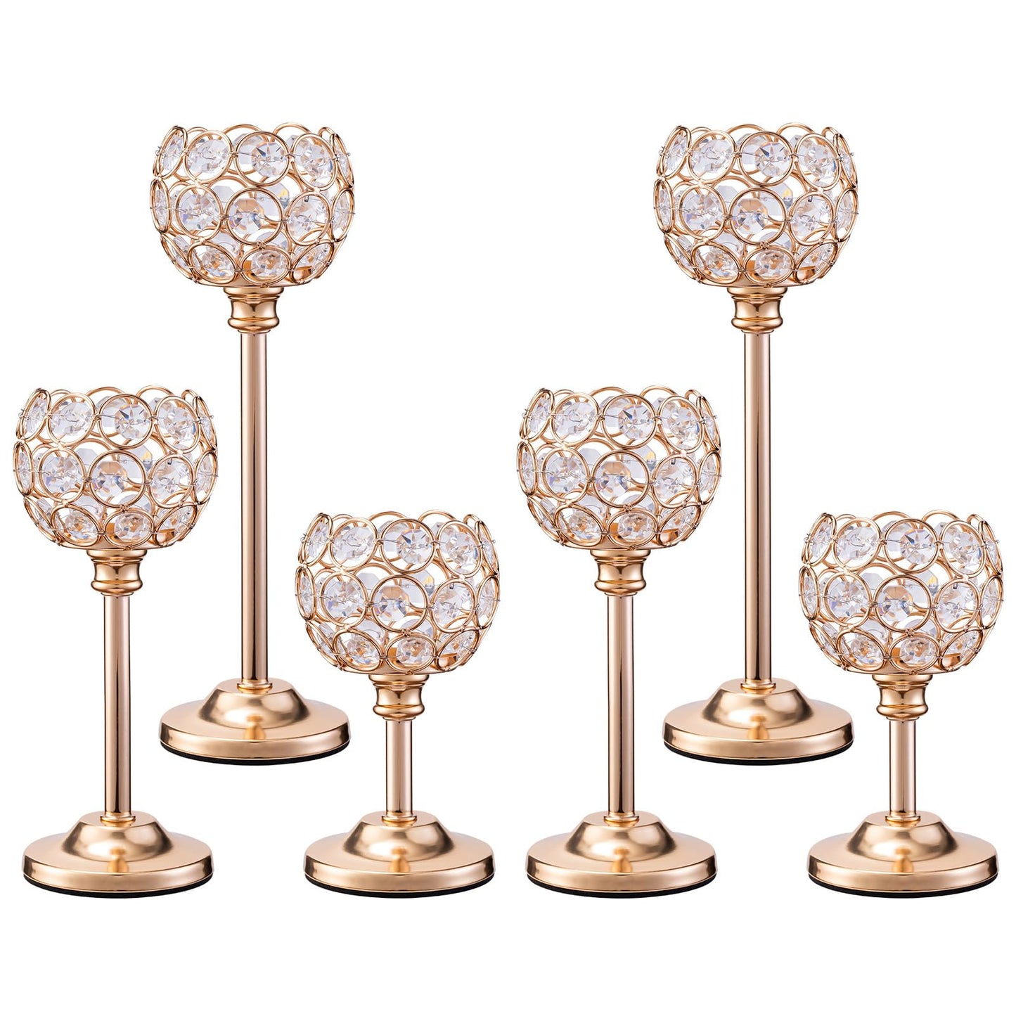 Candle Holder Candlestick Holders- Set of 6 Gold Crystal Pillar Candle Holders, Metal Candlestick Stands for Wedding Centerpieces,Table Decor for Church,Housewarming (Gold, 2 Sets (6 Pcs))