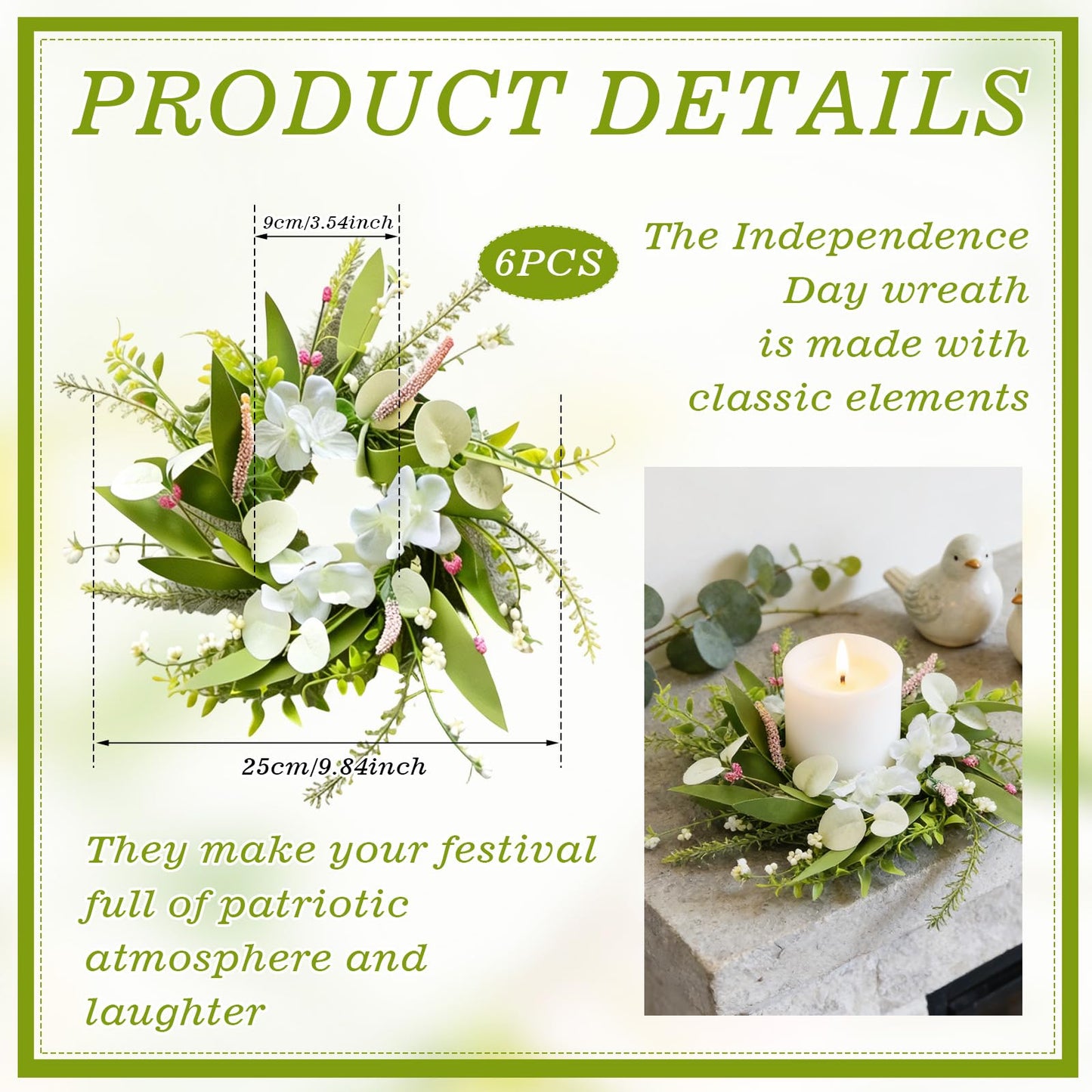 6 Pcs Small Spring Summer Candle Ring Wreaths Mini Pillar Candle Holder Wreath with White Hydrangea Flowers and Eucalyptus Leaves Artificial Spring Summer Wreath for Home Kitchen Table Cnterpieces