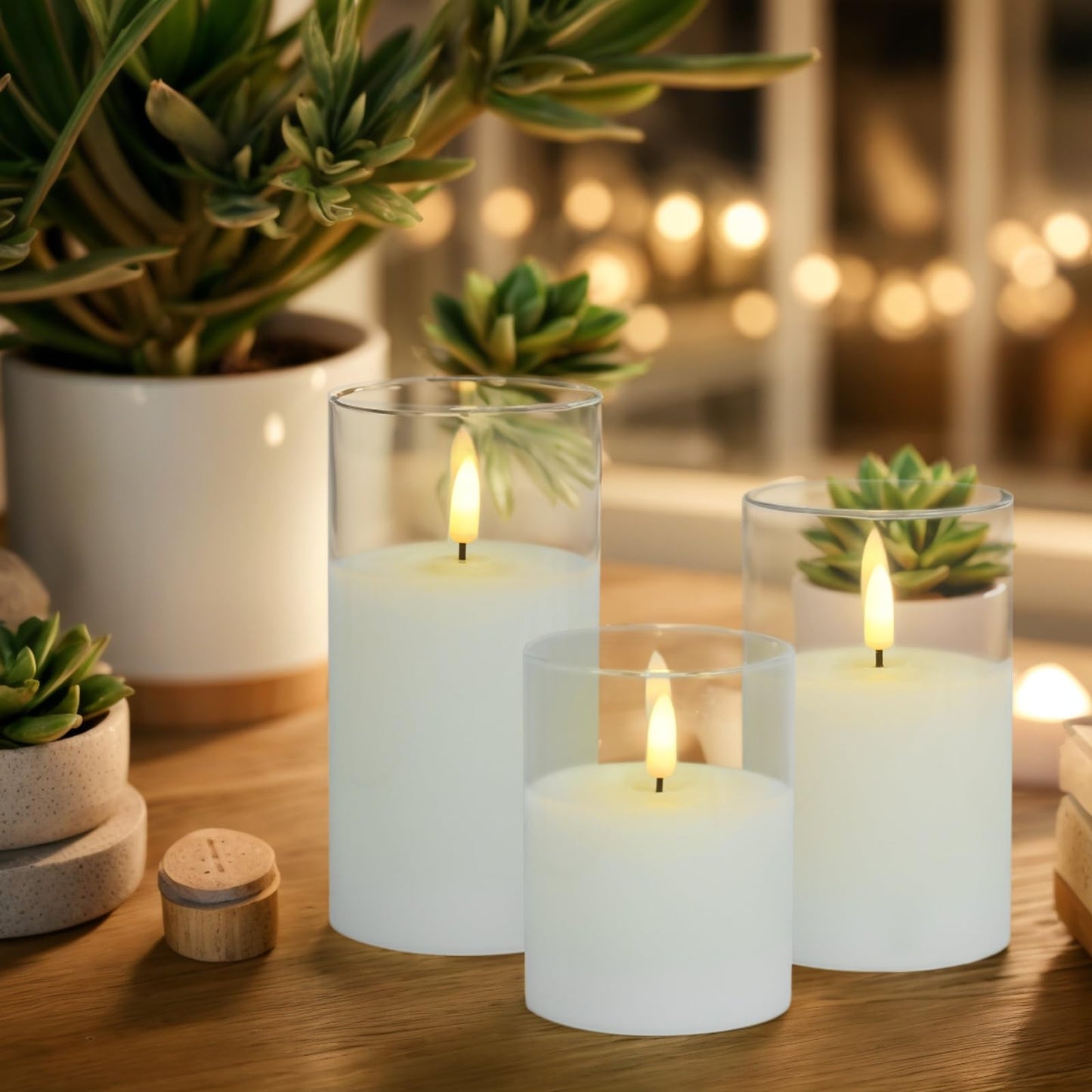 Homwamee Flameless Candle in Glass, Flashing LED Pillar Real Wax Fake Candle with Remote Control and Timer, Battery Operated Electronic Candles for Wedding Home Decorations - 3Pack
