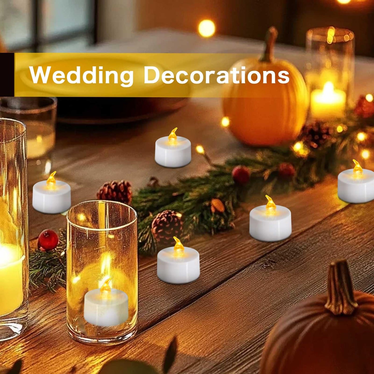 LANKER 24 Pack LED Tea Lights Candles, Flickering Warm Yellow Flameless Tealights, Long Lasting Battery Operated Fake Candles, Decoration for Halloween and Christmas (Yellow-24pcs)