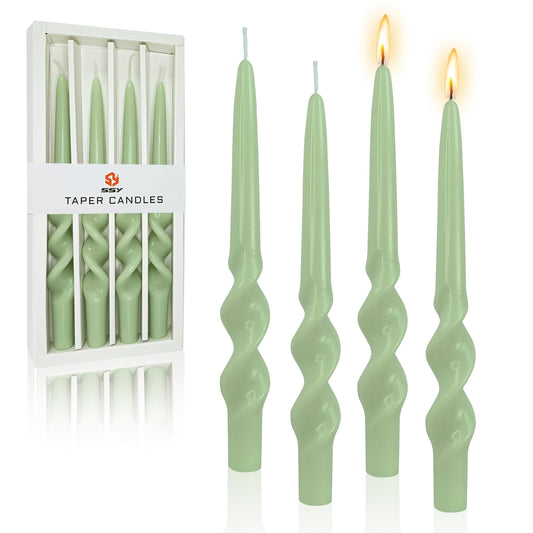 FCMSHAMD Handmade Spiral Taper Candles - Unscented Long Candles Colored Wax Twisted Candle - 10 Inch Candle Sticks for Wedding Dinner Party Decoration - Set of 4(Green)