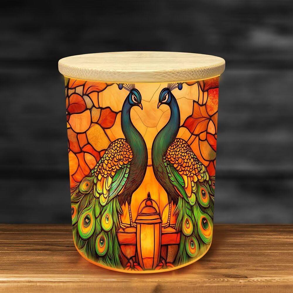 Stained Glass Peacock Tea Light Candle Holders, Thanksgiving Day Tealight Candle Holder Jar with Wooden Lid, Pumpkins Votive Candlesticks for Table Centerpieces, Christmas,Birthday Party