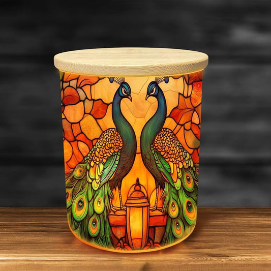 Stained Glass Peacock Tea Light Candle Holders, Thanksgiving Day Tealight Candle Holder Jar with Wooden Lid, Pumpkins Votive Candlesticks for Table Centerpieces, Christmas,Birthday Party