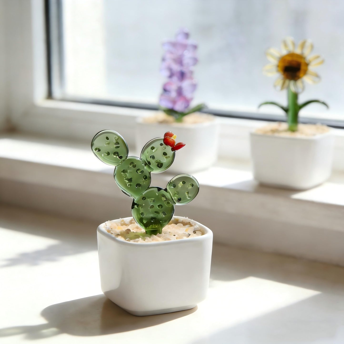 Glass Flowers Fake Cactus Decor,Cute Desk Decor for Women Office,Crystal Flowers in Vase for Desk Trinkets,Handmade Small Gifts for Women & Plant Lover Gifts