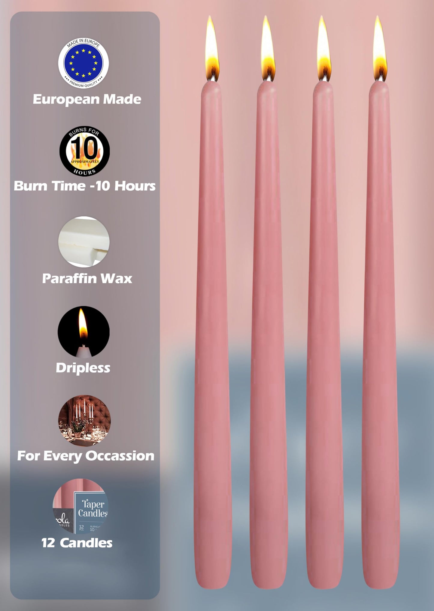 Hyoola 12 Pack Tall Taper Candles - 12 Inch Rose Pink Dripless, Unscented Dinner Candle - Paraffin Wax with Cotton Wicks - 10 Hour Burn Time