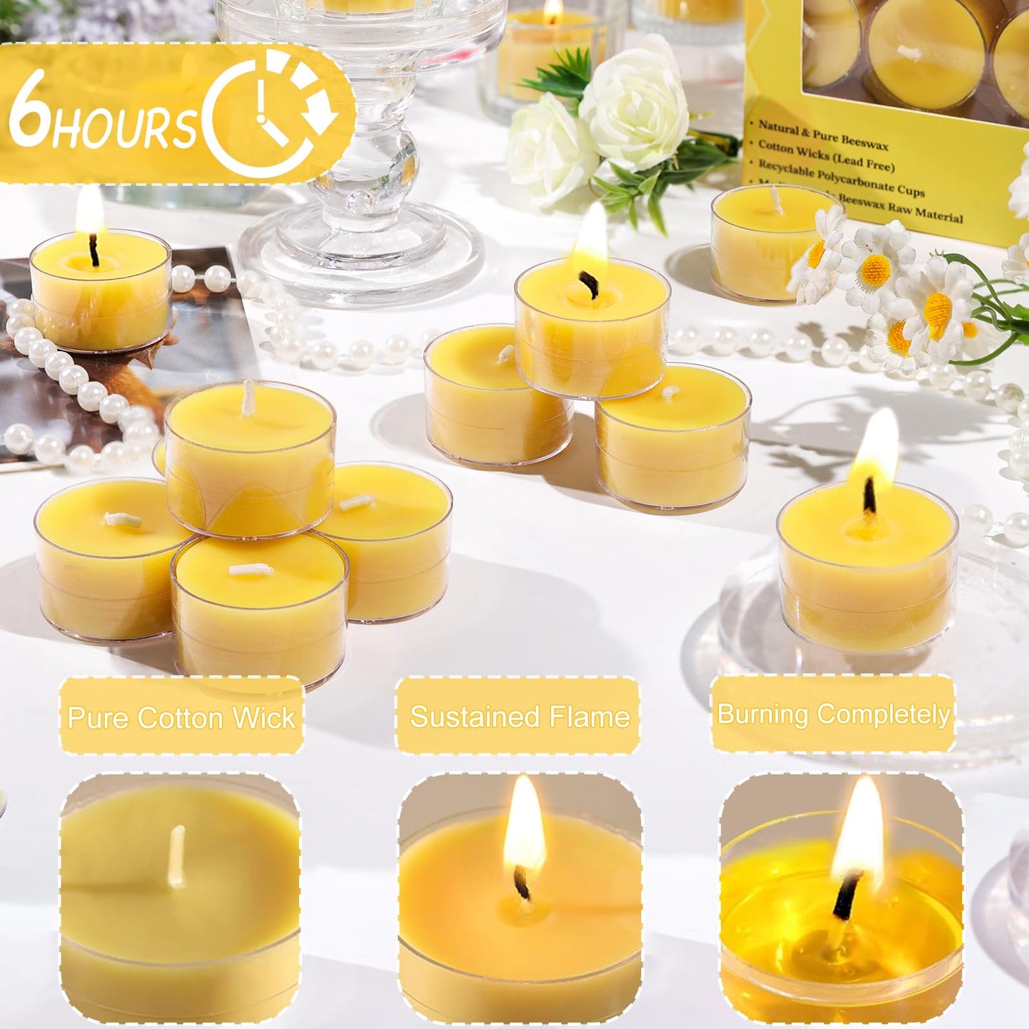 6 Hours Beeswax Tealight Candles, 48 Packs Pure Beeswax Candles Extended Burn Time Beeswax Tea Lights Burn Evenly and Clean Bees Wax Tealight Candles Bulk for Relaxing Air Purification