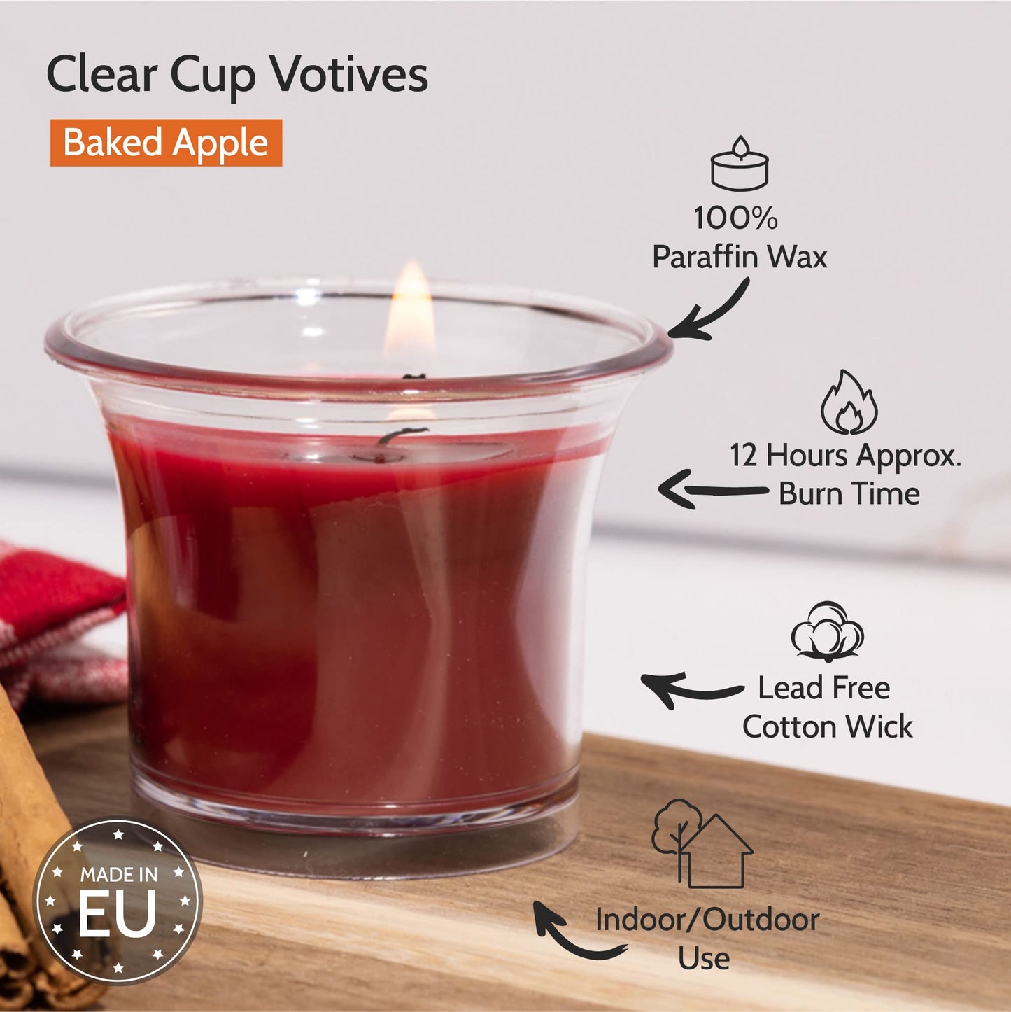 HYOOLA Clear Cup Scented Votive Candles - Baked Apple - 12 Hour Burn Time - 4 Pack - European Made