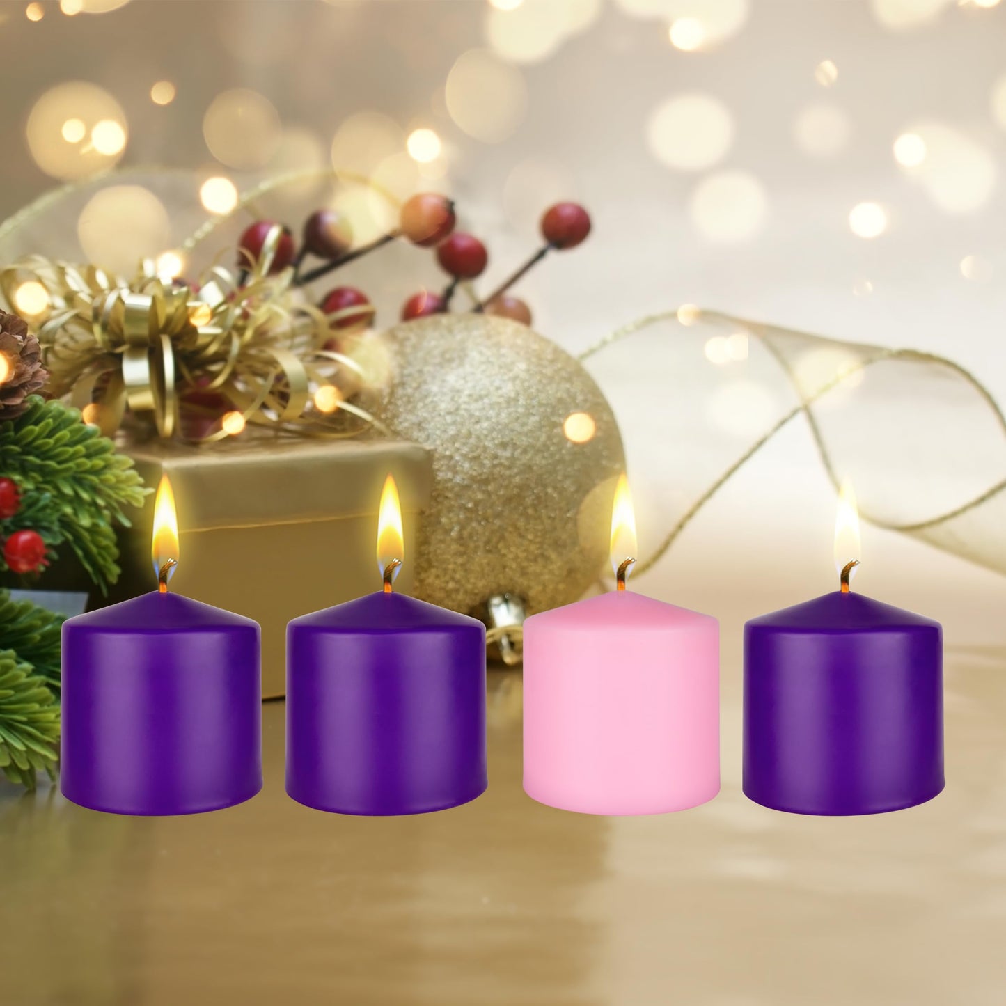 Mega Candles 4 pcs Unscented Christmas Advent Candles Set, Hand Poured Premium Wax Dome Top Round Pillar Candle 3 Inch x 3 Inch, Holidays, Festivities, Devotional, Church, Wreath, Party, Gifts