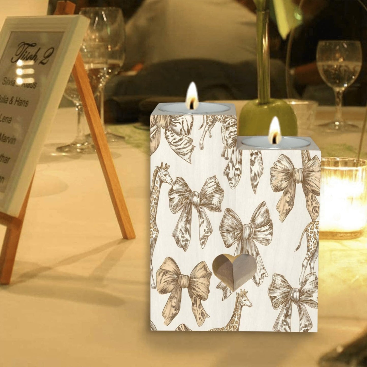 pnyoin Animal Print with Bows Candle Holders Gift for Women Wooden Heart Candlestick Personalized Christmas Birthday Graduation Friendship Gifts Home Wedding Dinning Party Decorative