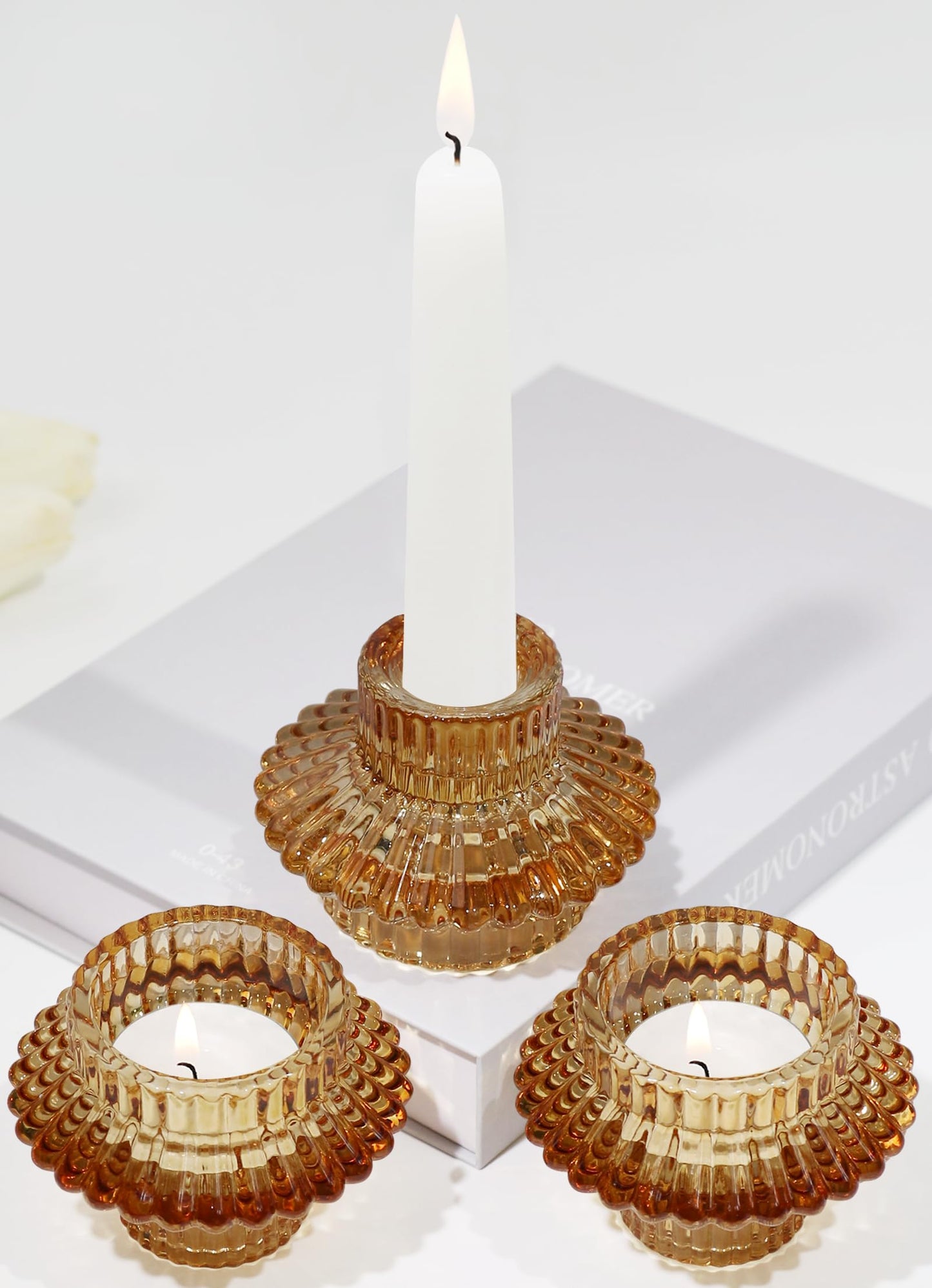 CHOCSTAY Reversible Candlestick Holders Set of 3, Amber Glass Taper and Tealight Candle Holders for Table Centerpiece, Wedding, Party, Home Decor