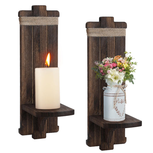 Alphatool Farmhouse Wall Decor Candle Sconces - 2 Pcs Vintage Rustic Handmade Wooden Wall-Mount Candle Holders for Bedroom Livingroom Home Hanging Art Decorations Accessories Gifts, Brown