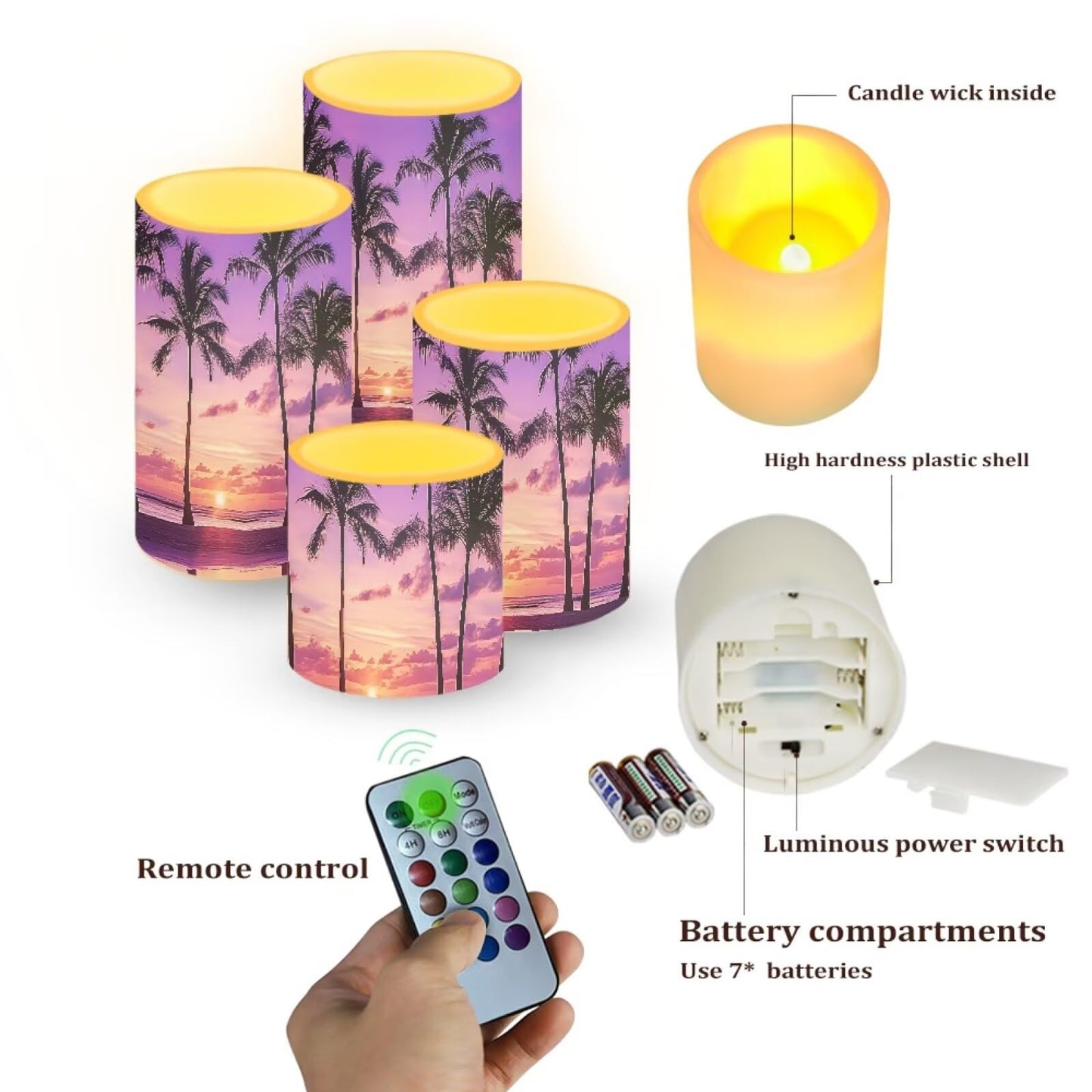 NETILGEN Tropical Palm Trees Purple Sunset LED Flickering Pillar Candles for Home Decor 4 Packs Flameless Candles with Remote and Timer