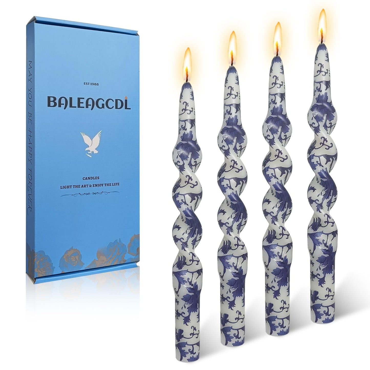 Unscented Floral Taper Candle Spiral Candlesticks Blue and White Printed Twisted Candle Handmade 10 Inch Long Candle Sticks for Home Dinner Gifts,4Pcs