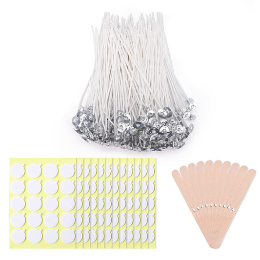 Aubeco 240Pcs 6 Inch Pre Waxed Candle Wick with 240Pcs Wick Stickers and 10Pcs Candle Wick Holders, Bulk Cotton Candle Wicks for Candle Making, Soy Wax