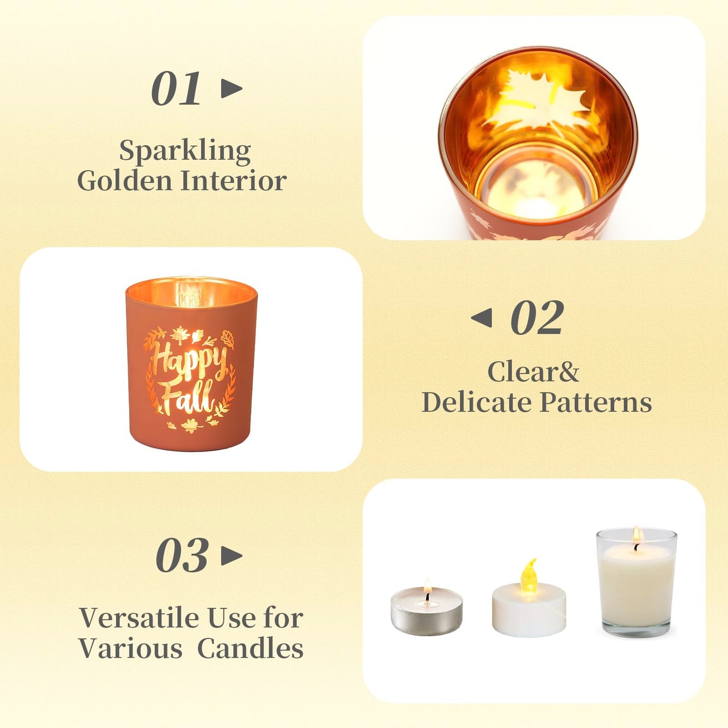 Hewory Thanksgiving Votive Candle Holders: Fall Glass Tea Light Candle Holder Set of 6, Thanksgiving Table Decorations Centerpieces for Dinner Tabe Fireplace Mantle Fall Decorations for Home Party