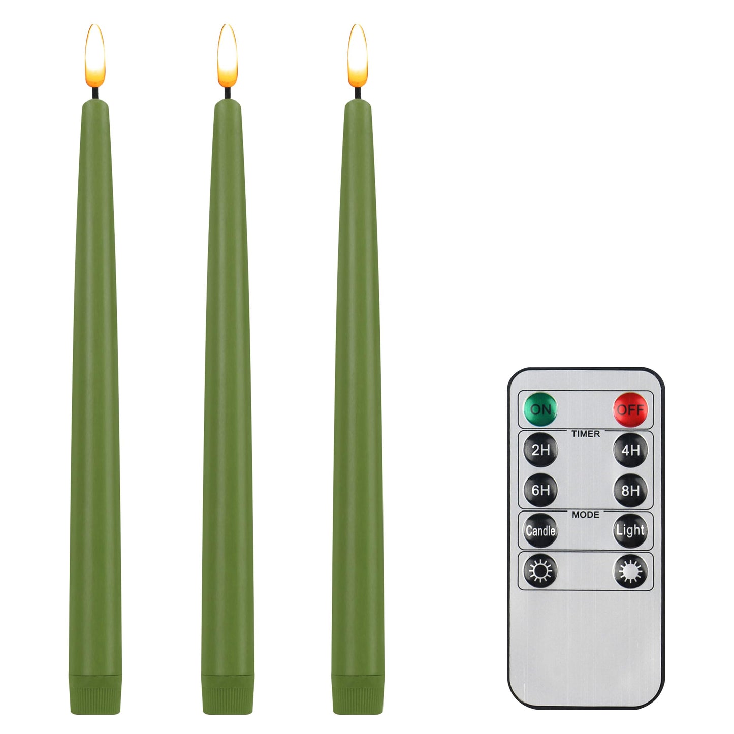 CVHOMEDECO. Flameless Taper Candles with 10-Key Remote, Battery Operated Led Flickering 3D Wick Window Candles Real Wax Finished Home Christmas Party Decor 0.78 x 11 Inch, Pack of 3, Sage Green